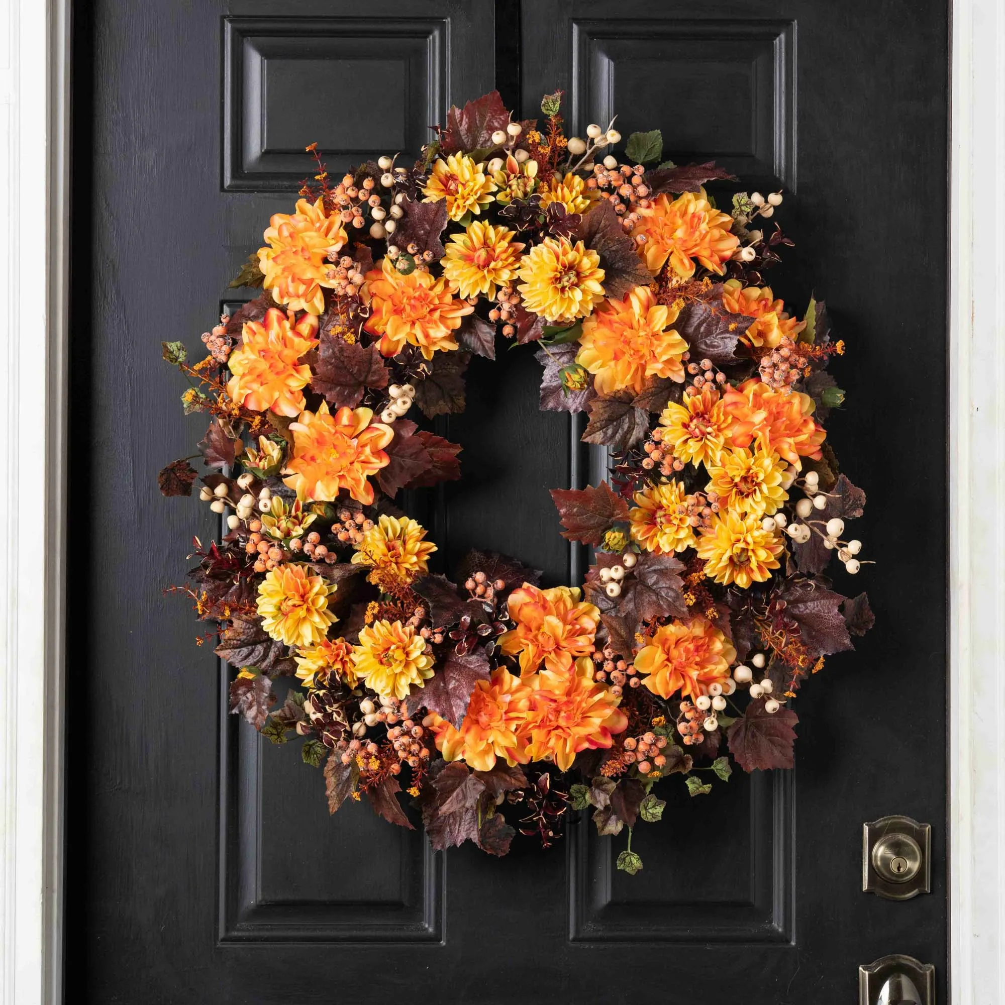 Blazing Orange Dahlia with Burgundy Leaves & Berries Front Door Fall Wreath