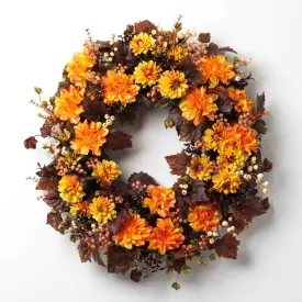 Blazing Orange Dahlia with Burgundy Leaves & Berries Front Door Fall Wreath