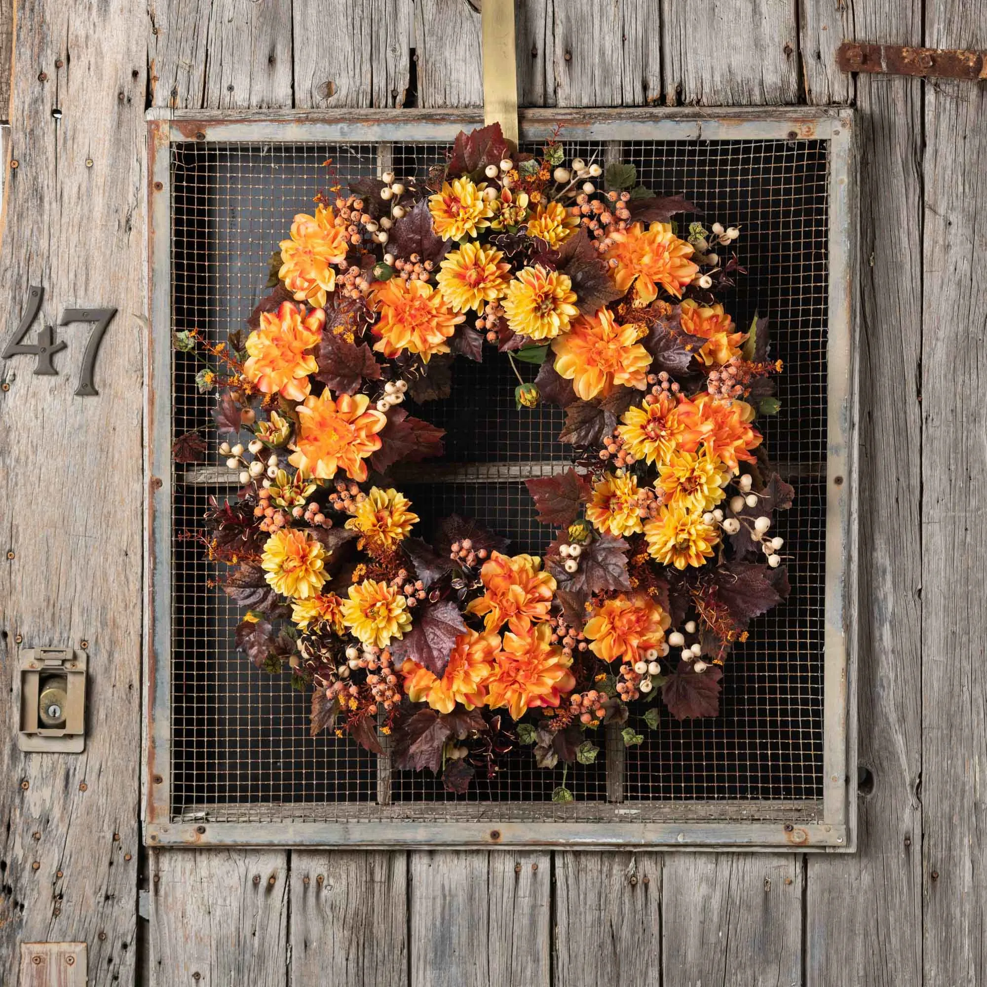 Blazing Orange Dahlia with Burgundy Leaves & Berries Front Door Fall Wreath