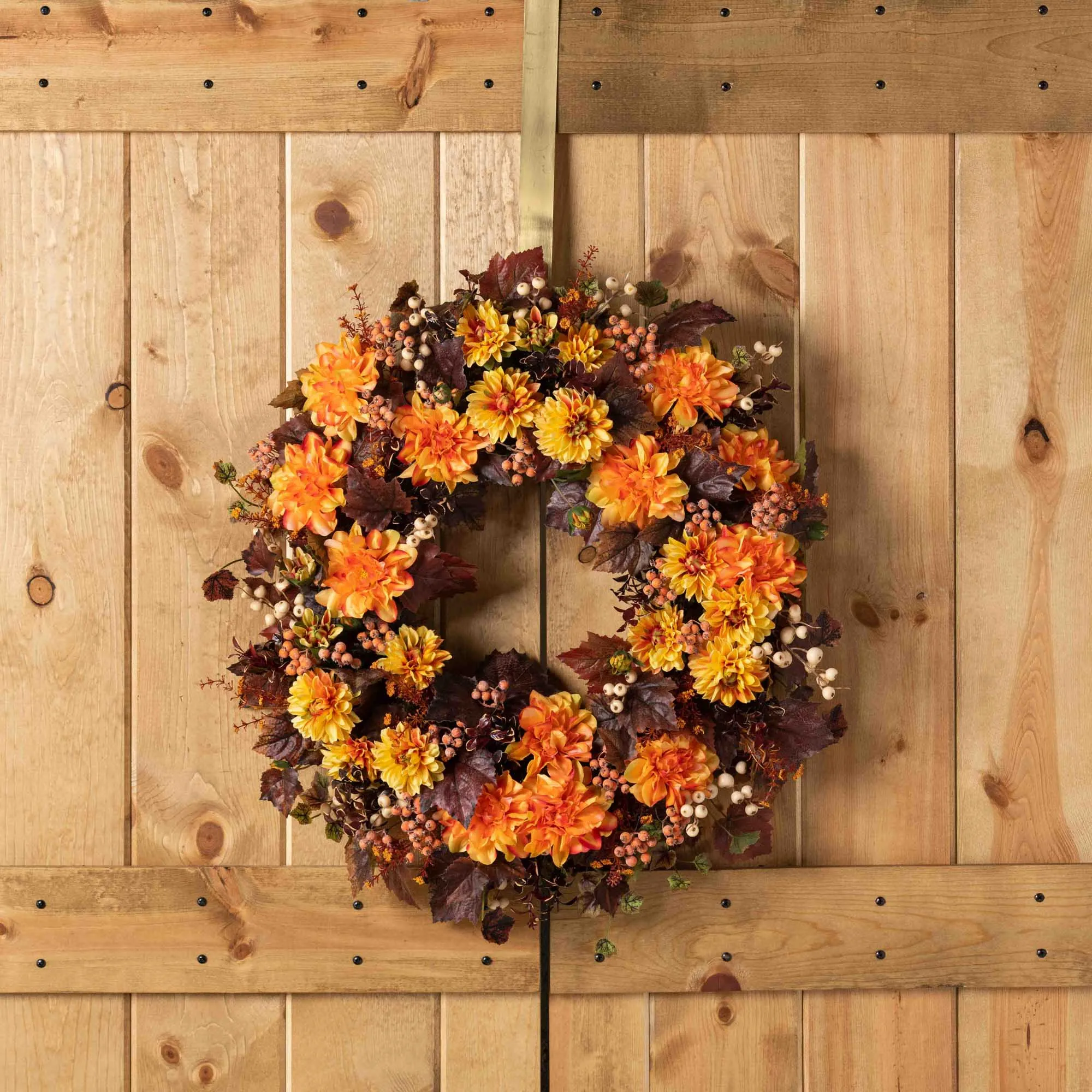 Blazing Orange Dahlia with Burgundy Leaves & Berries Front Door Fall Wreath