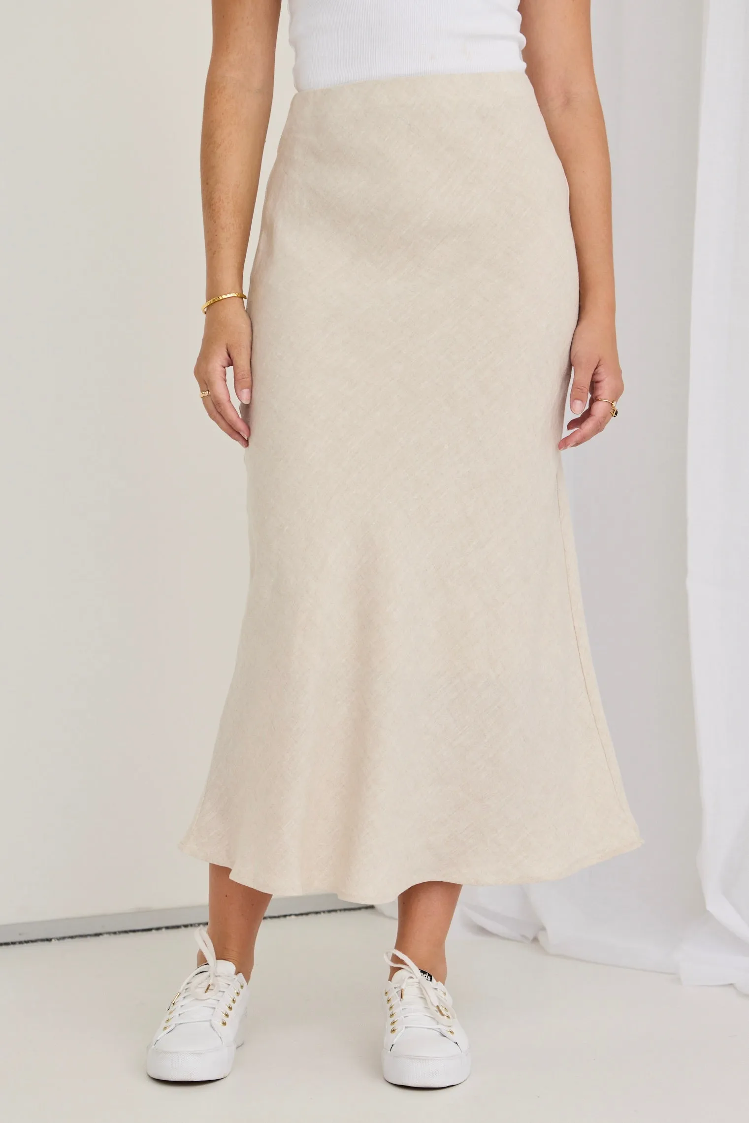 Bliss Natural Linen Bias Midi Skirt