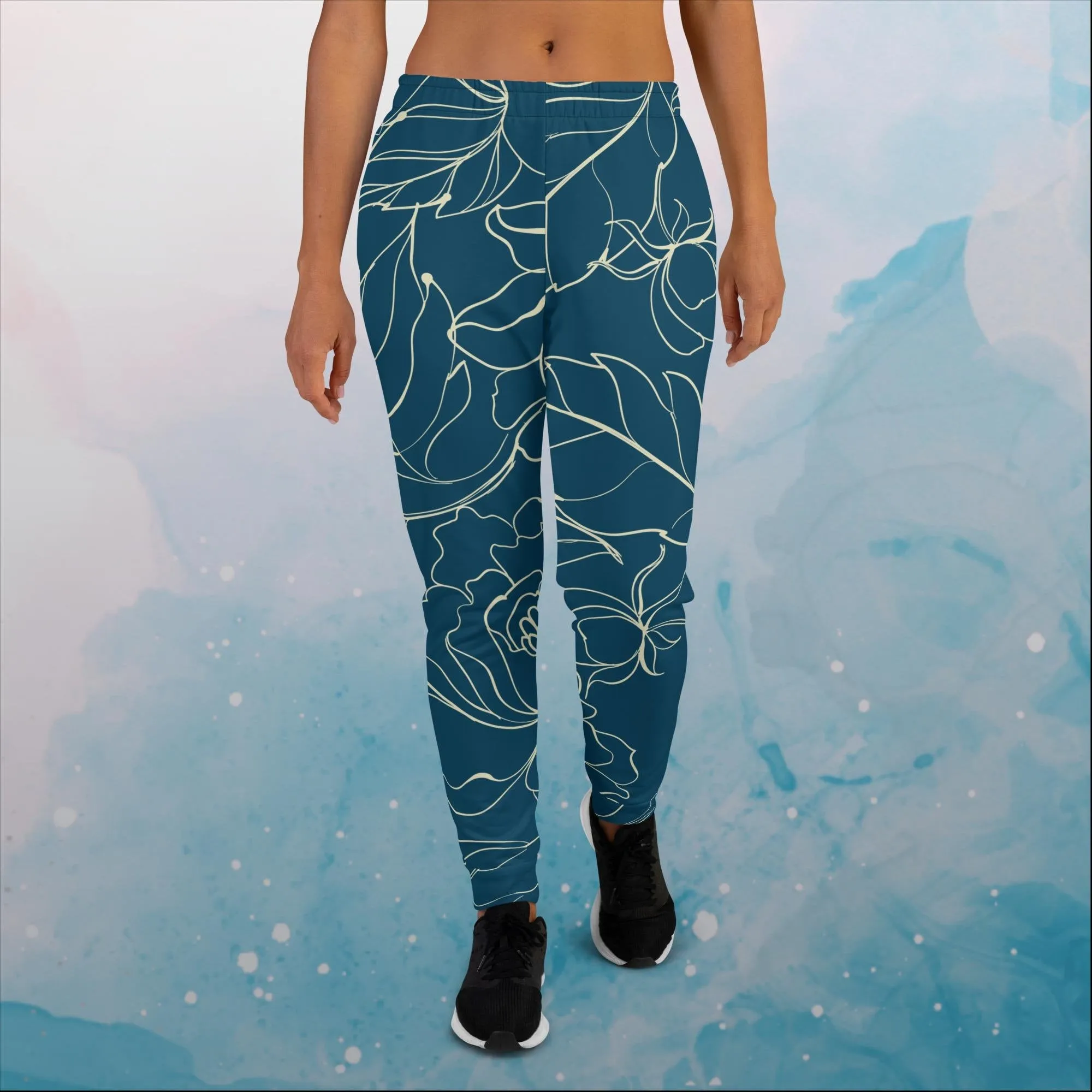 Blue and Cream Floral Stencil Lines Womens Joggers