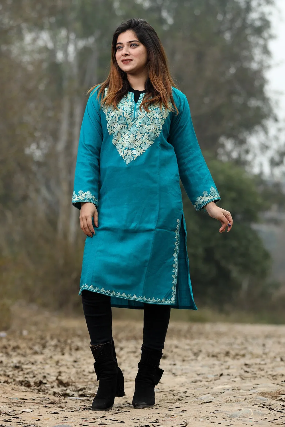 Blue Color Aari Work Embroidered Kurti With New Designer Floral Pattern