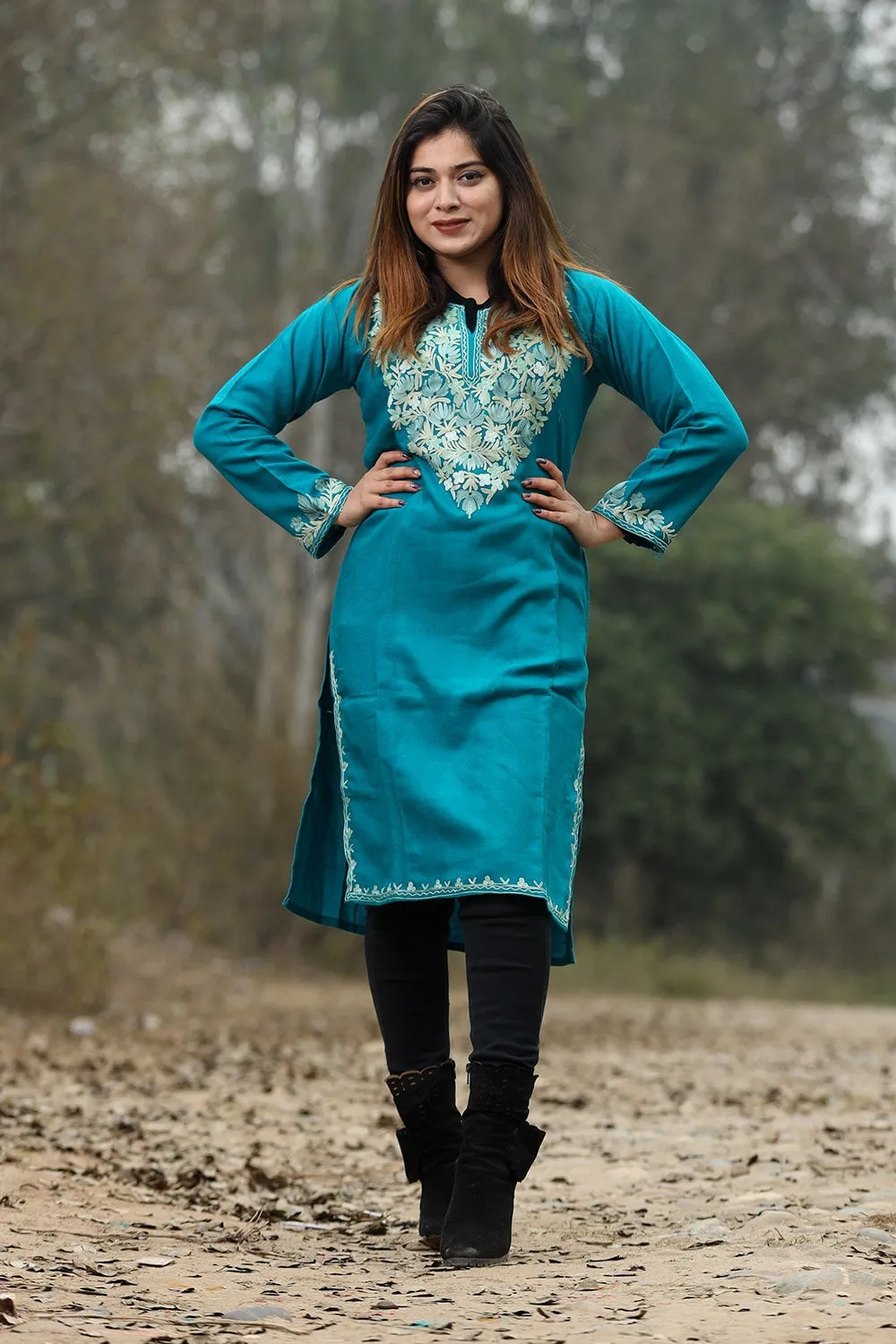 Blue Color Aari Work Embroidered Kurti With New Designer Floral Pattern