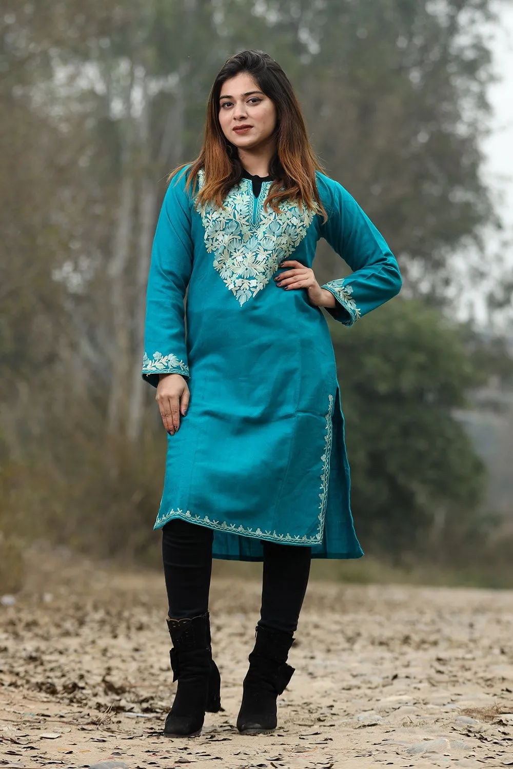 Blue Color Aari Work Embroidered Kurti With New Designer Floral Pattern