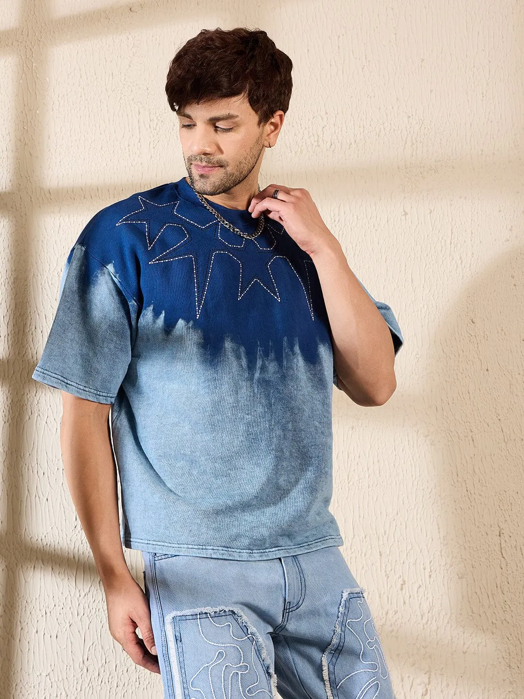 Blue Ombre Star Embroidery Oversized Tshirt