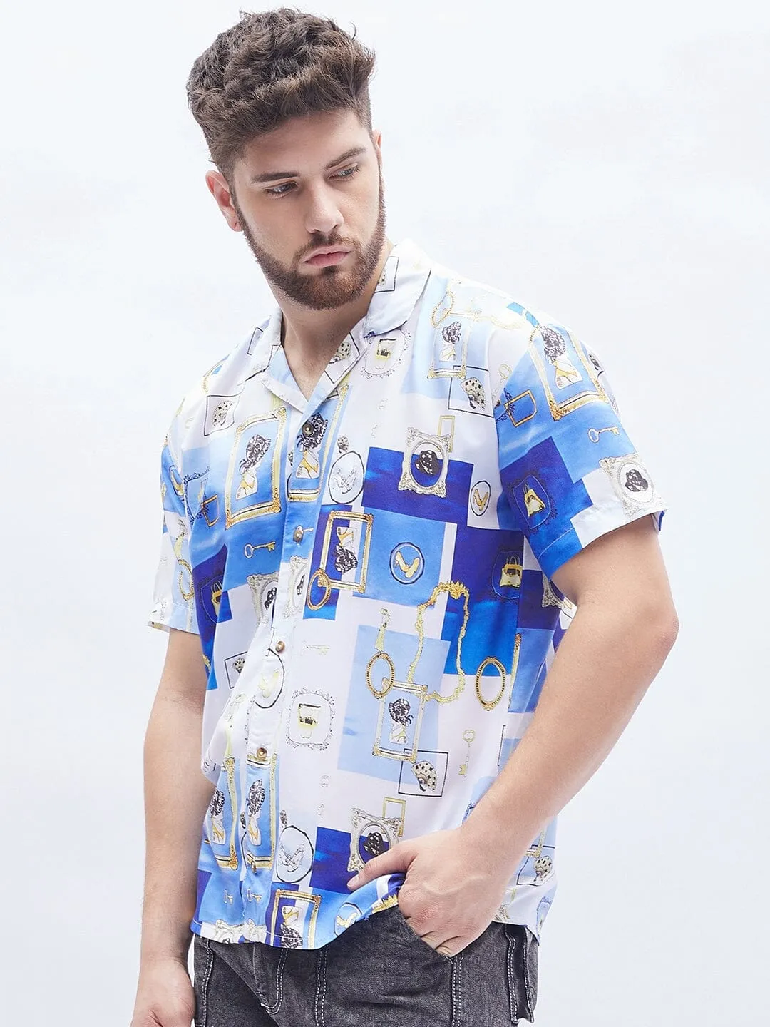 Blue Venetian Print Cuban Shirt