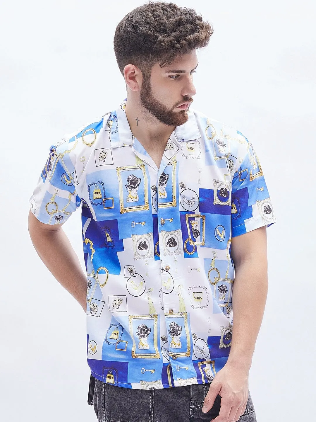 Blue Venetian Print Cuban Shirt