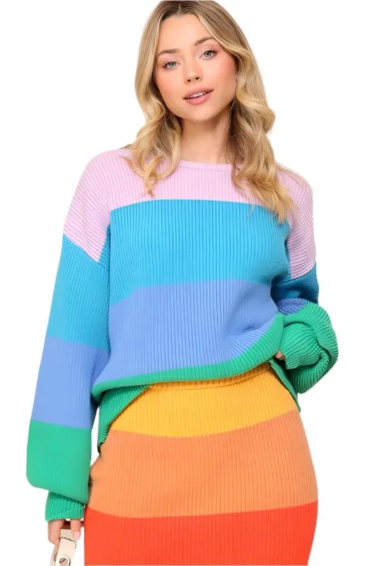 Bold Rainbow Stripe Oversized Chunky Knit Pullover