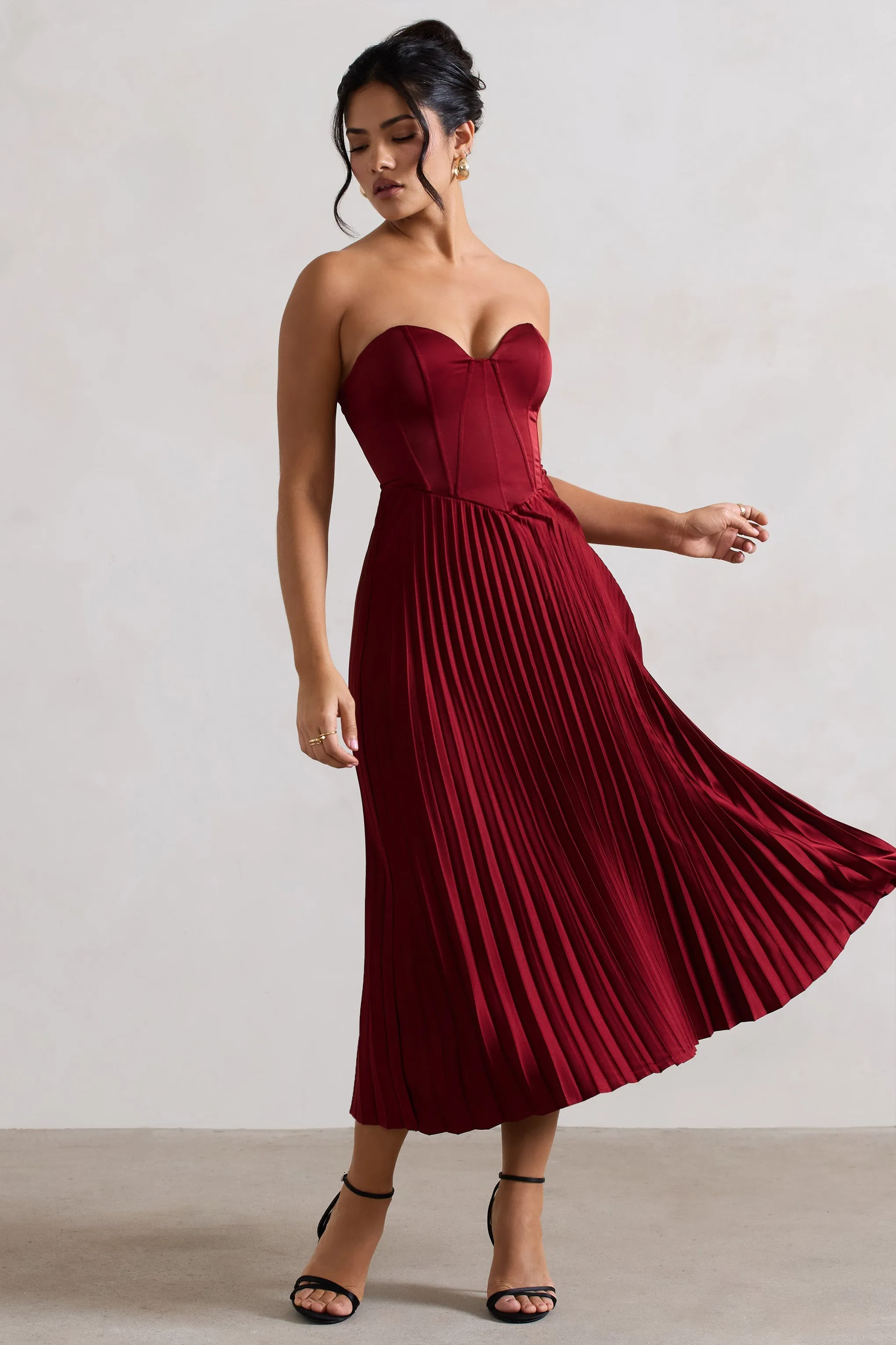 Bordeaux | Berry Satin Corset Style Midi Dress