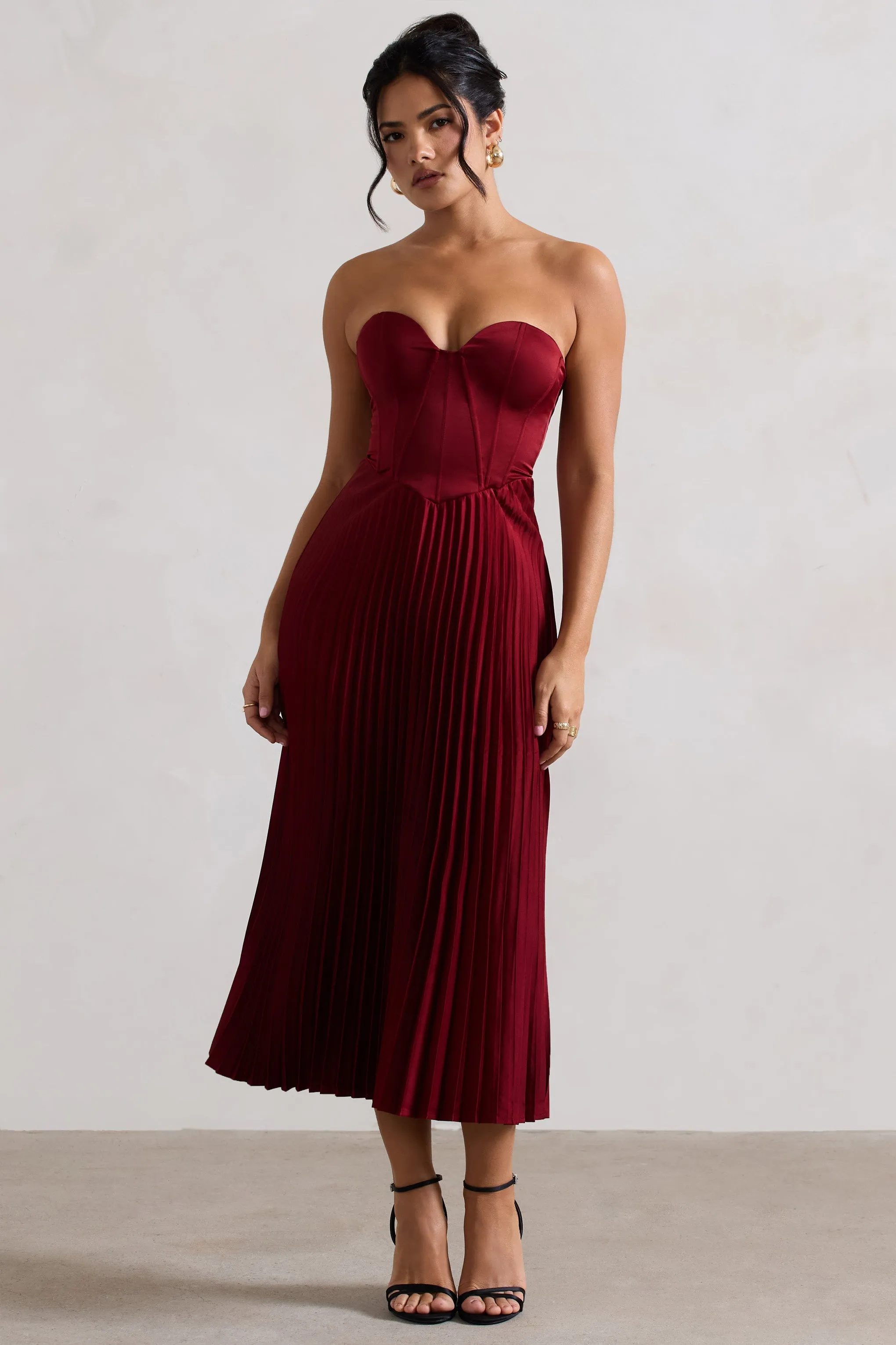 Bordeaux | Berry Satin Corset Style Midi Dress