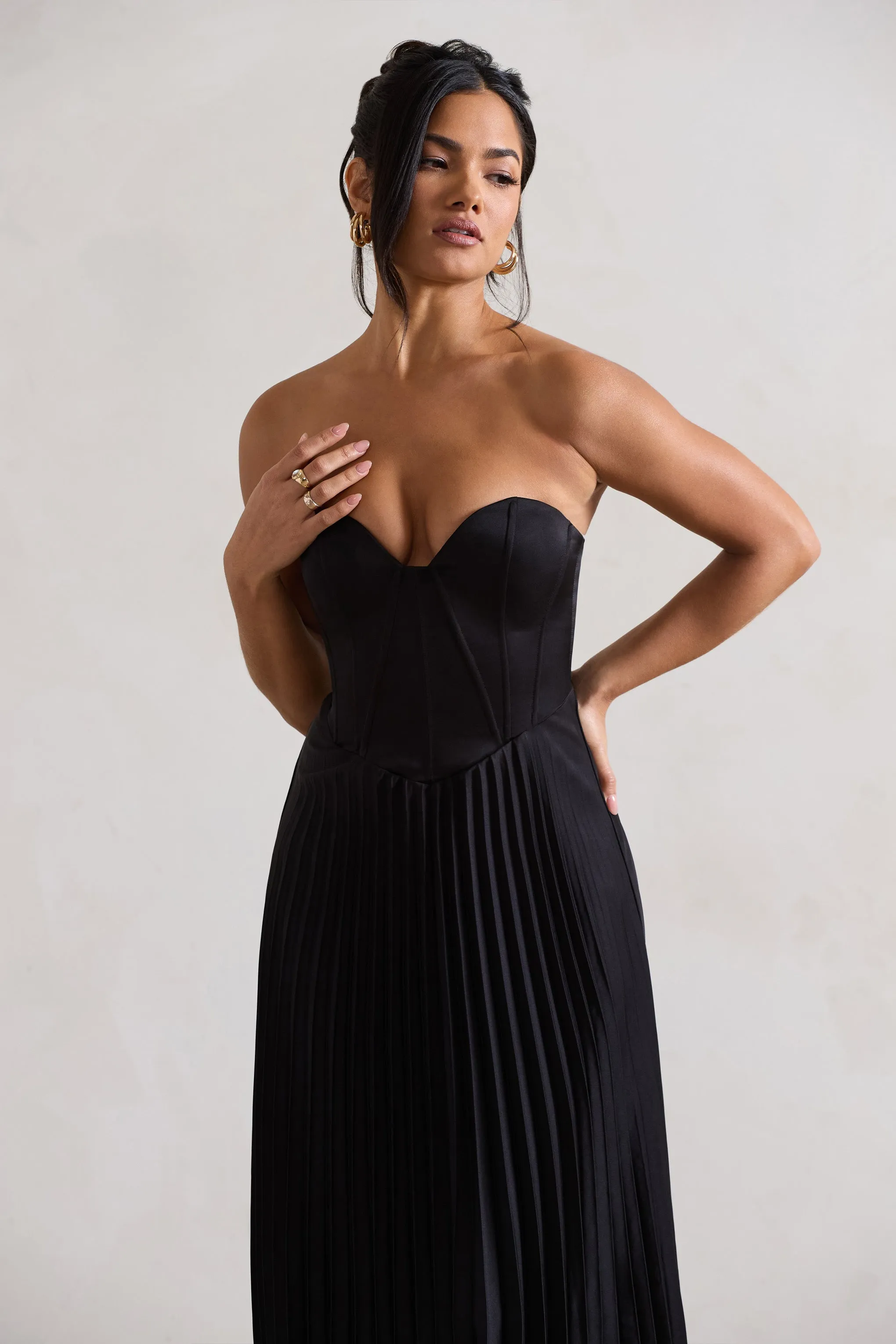 Bordeaux | Black Satin Corset Style Midi Dress