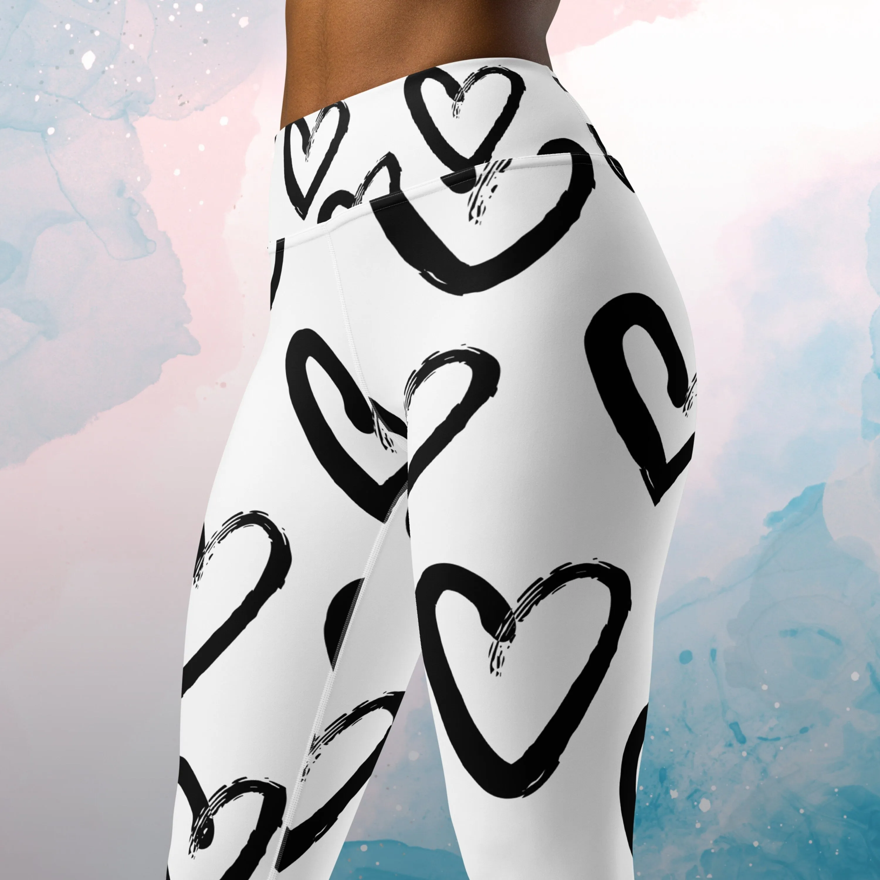 Brush Stroke Print Hearts Womens Light Weight Yoga Leggings