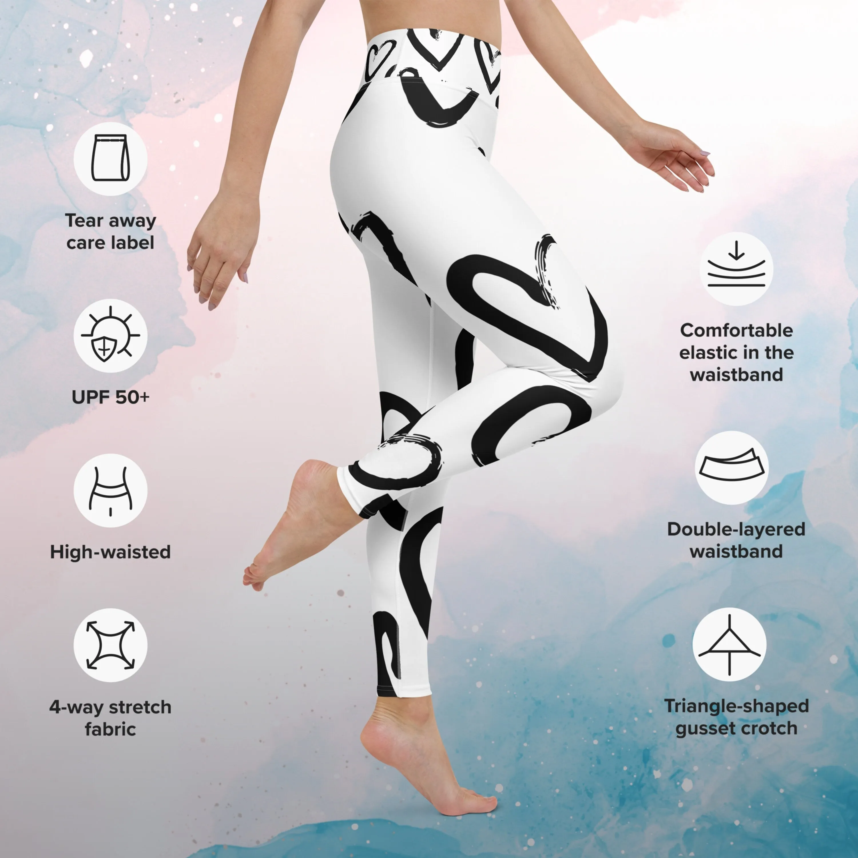 Brush Stroke Print Hearts Womens Light Weight Yoga Leggings