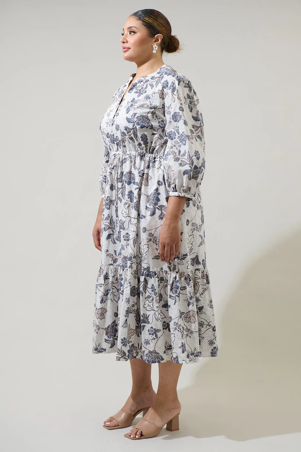 Bryony Floral Zinnia Split Neck Midi Dress Curve