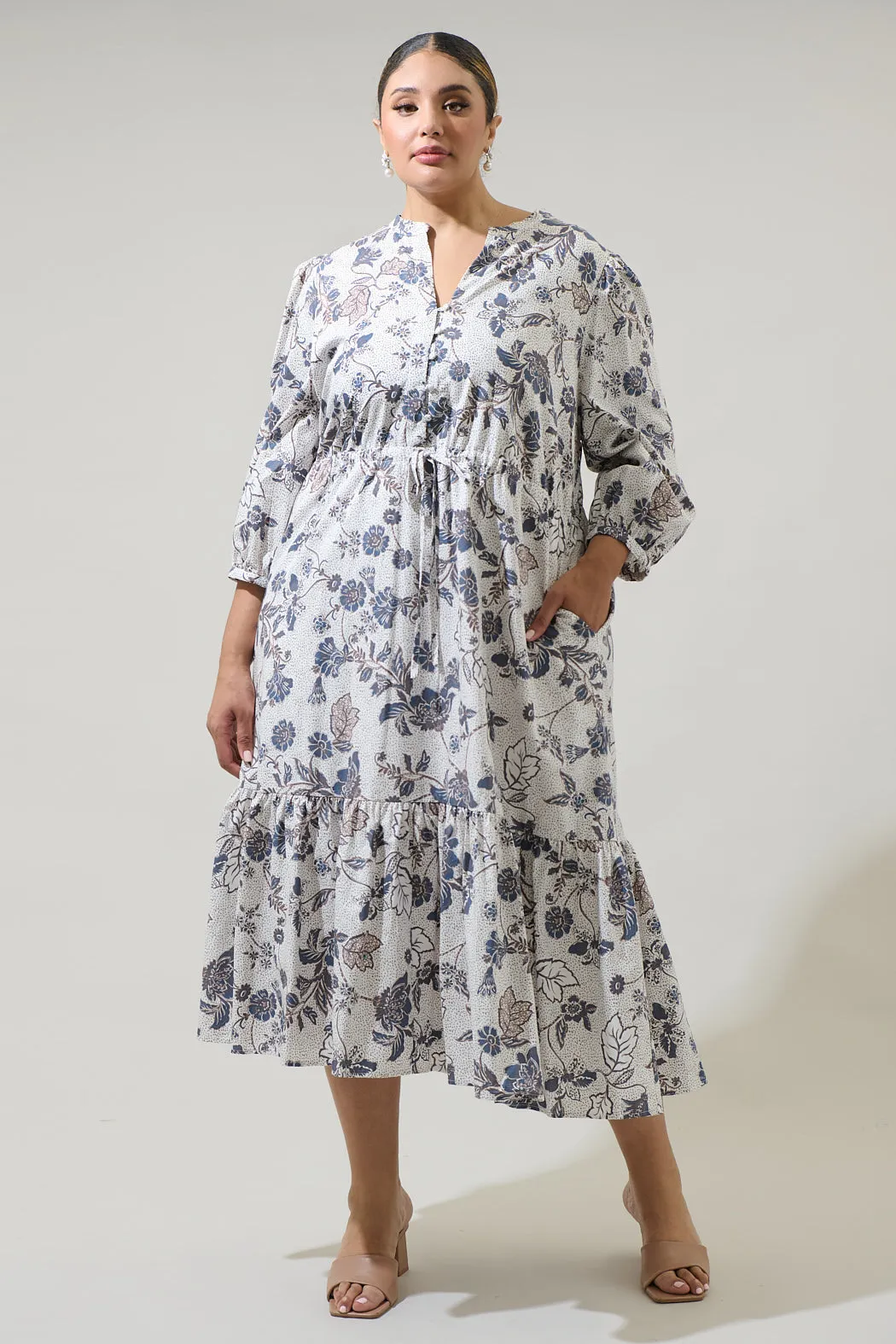 Bryony Floral Zinnia Split Neck Midi Dress Curve