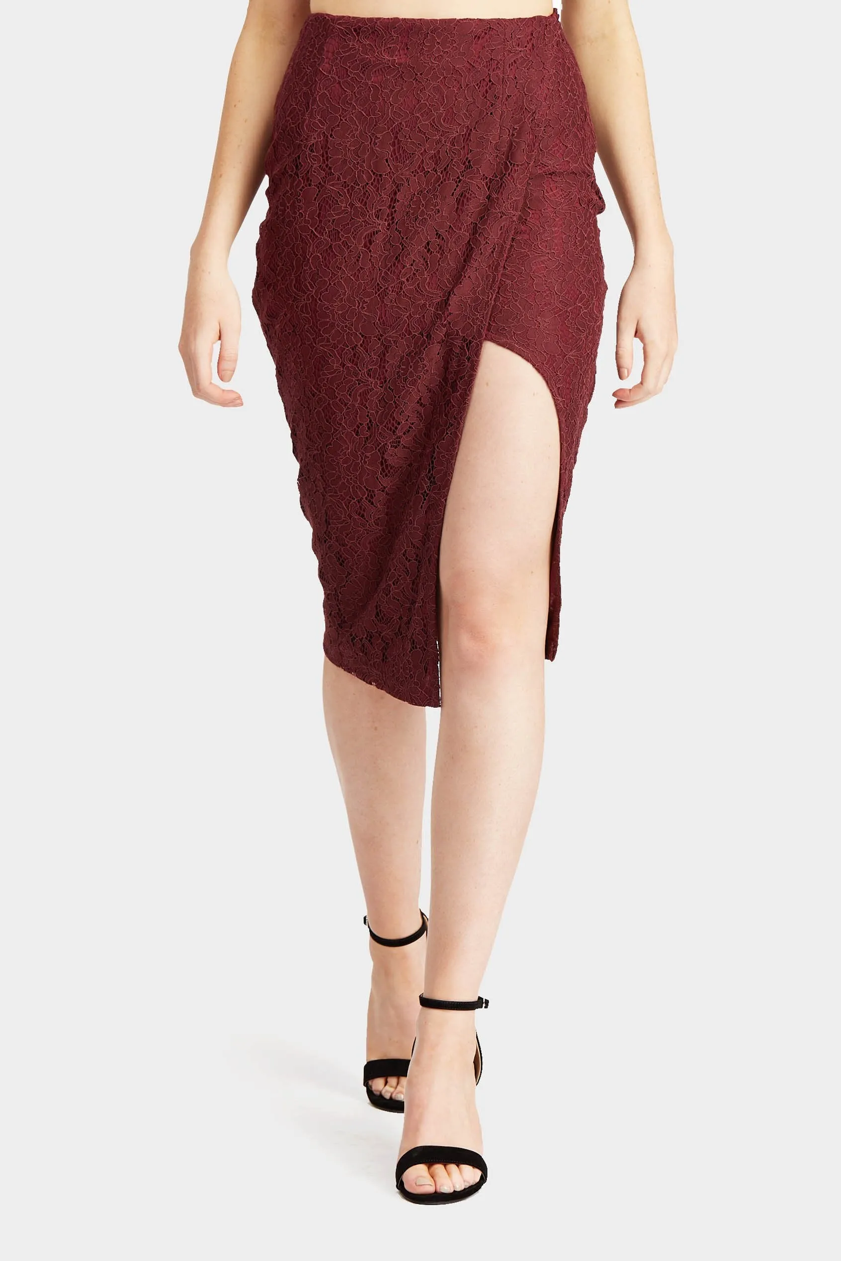 Burgundy Midi Lace Split Skirt