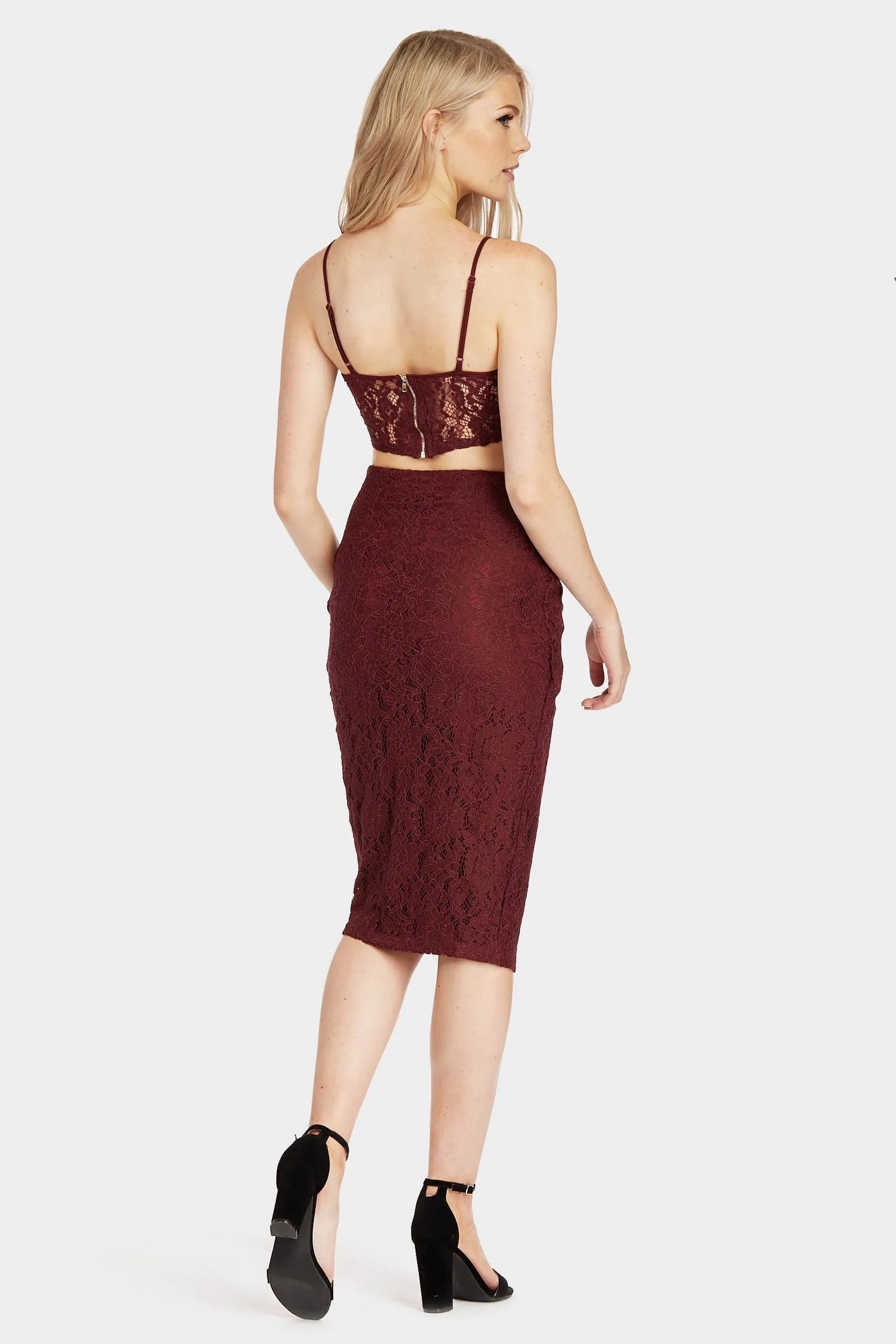 Burgundy Midi Lace Split Skirt