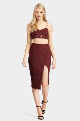 Burgundy Midi Lace Split Skirt