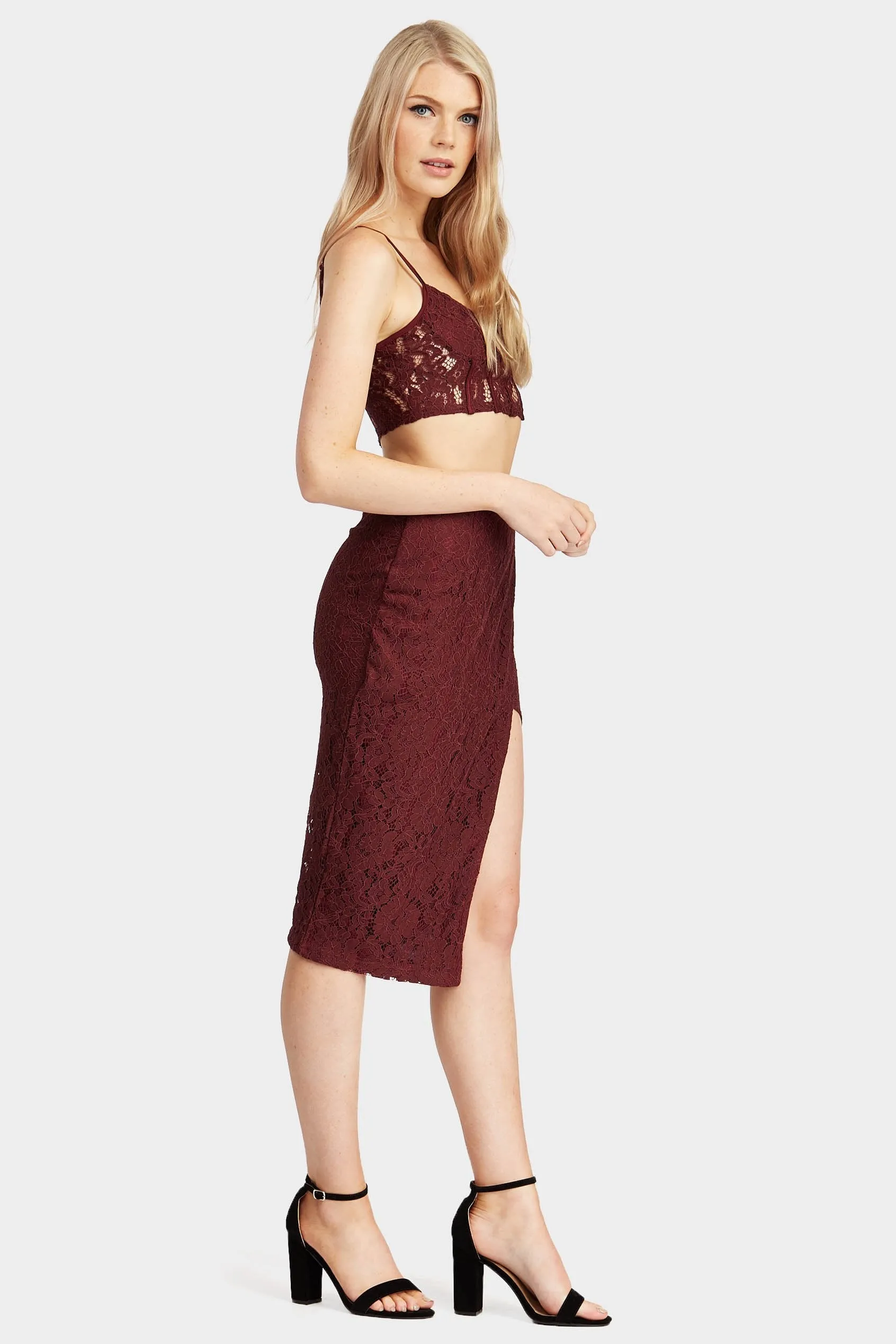 Burgundy Midi Lace Split Skirt