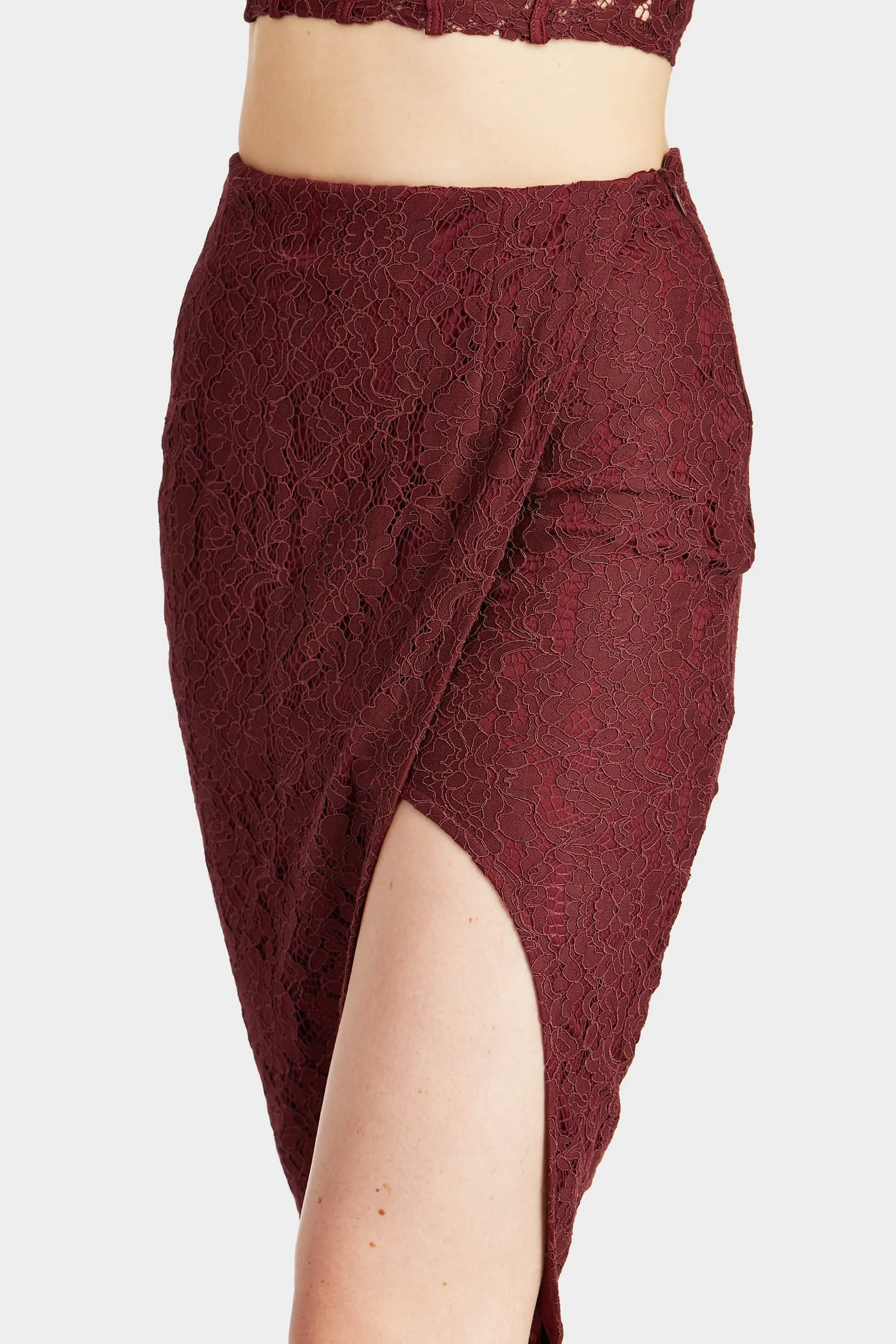 Burgundy Midi Lace Split Skirt