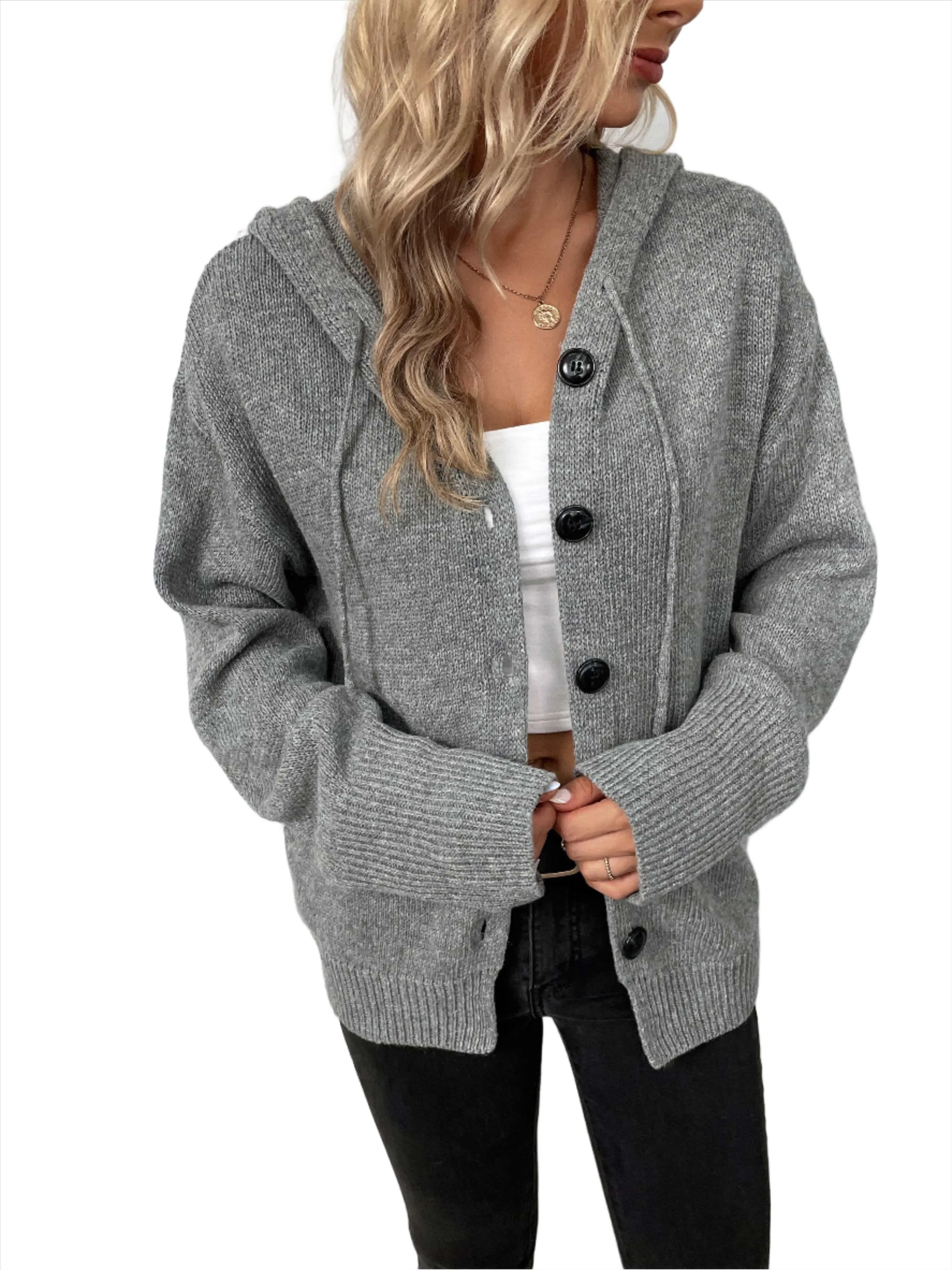 Button-Down Long Sleeve Hooded Sweater