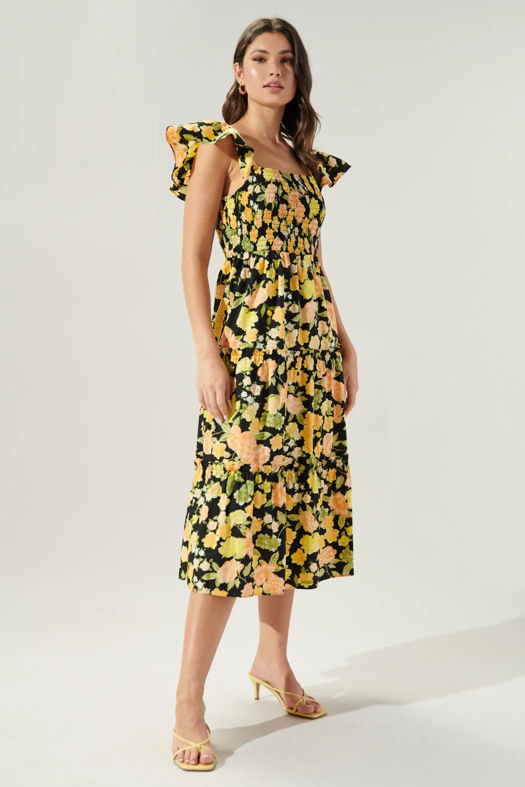 Carmela Floral Lou Smocked Tiered Midi Dress