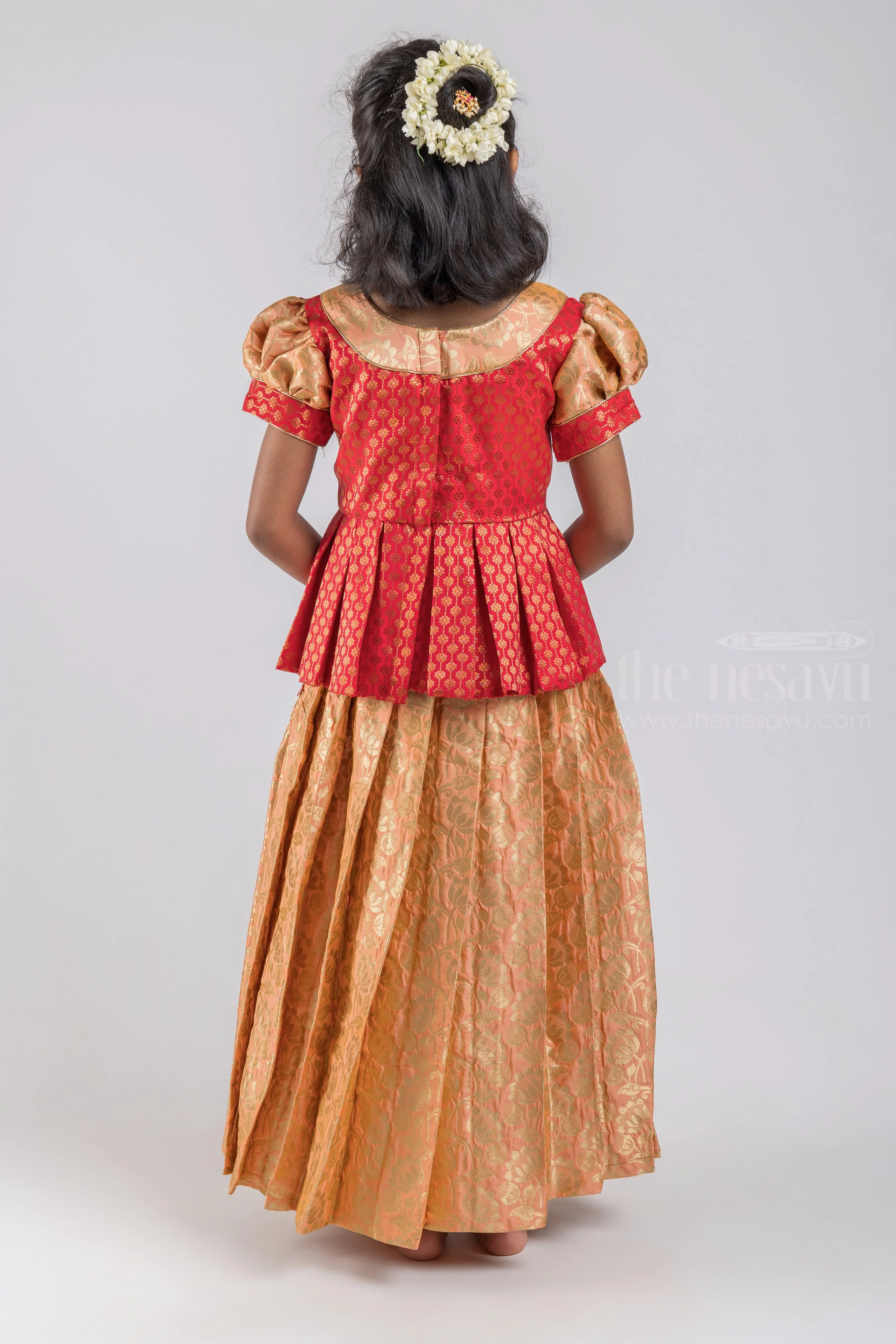 Charming Red Floral Designer Pleated Skirt And Beige Pleated Pattu Pavadai For Girls