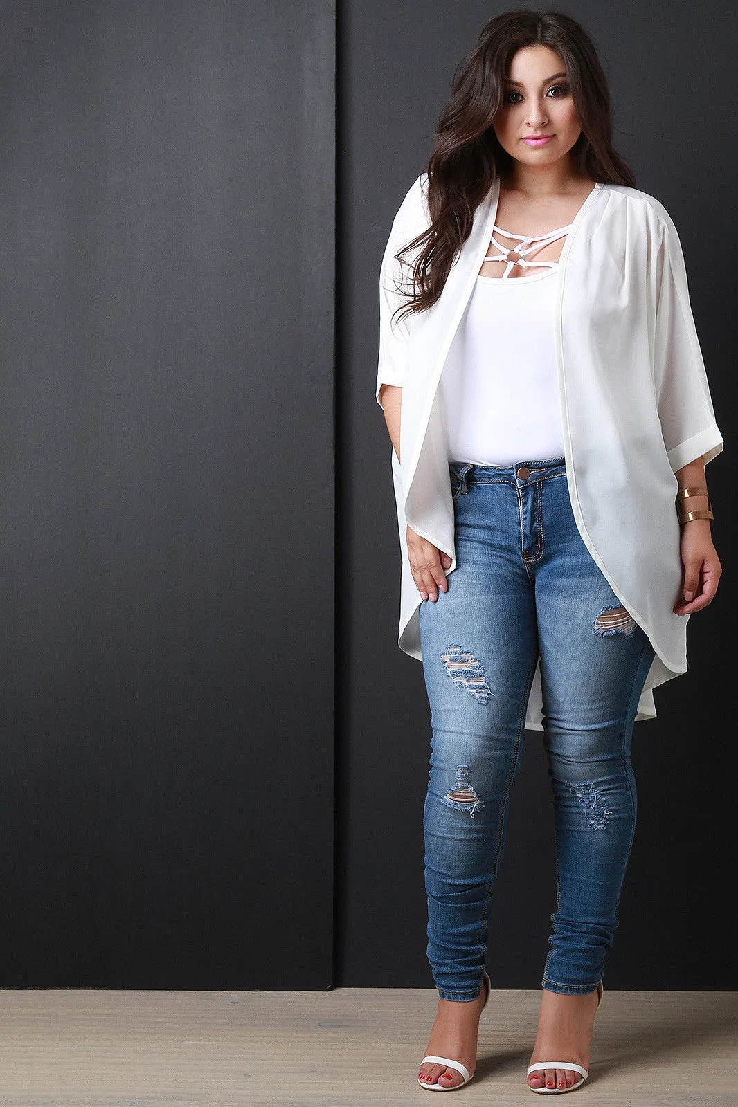 Chiffon High Low Open Front Cardigan