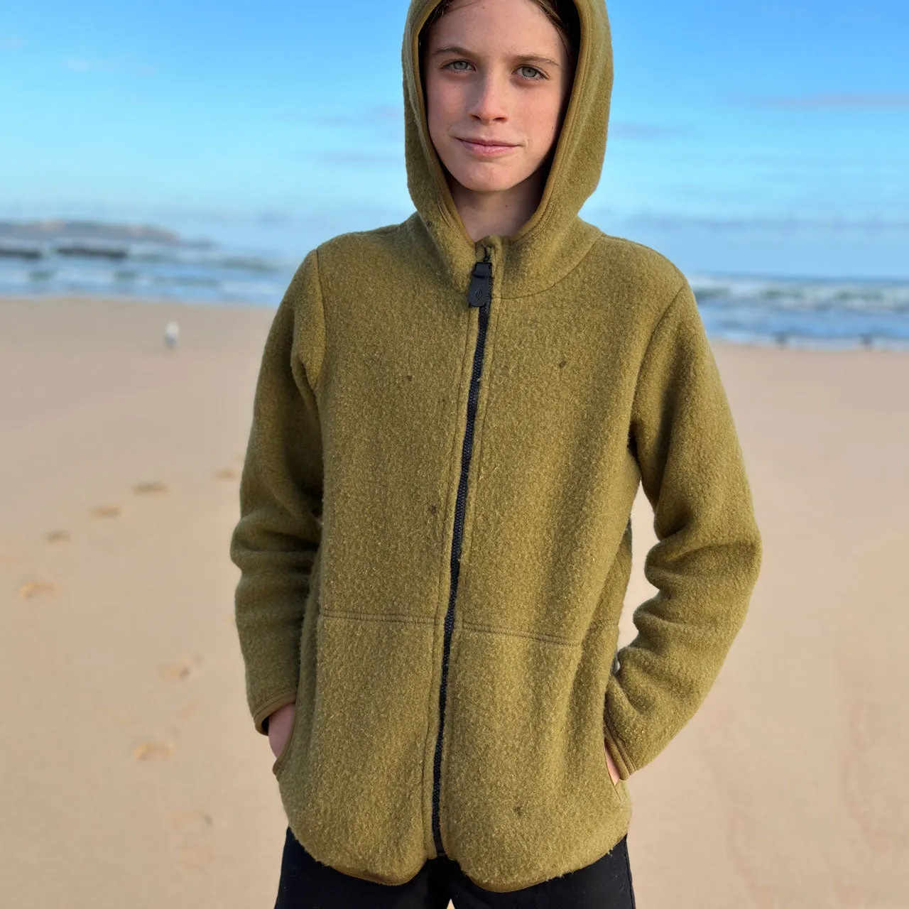 Child's Jacket - 100% Organic Wool Fleece - Olive Gold (2-10y)