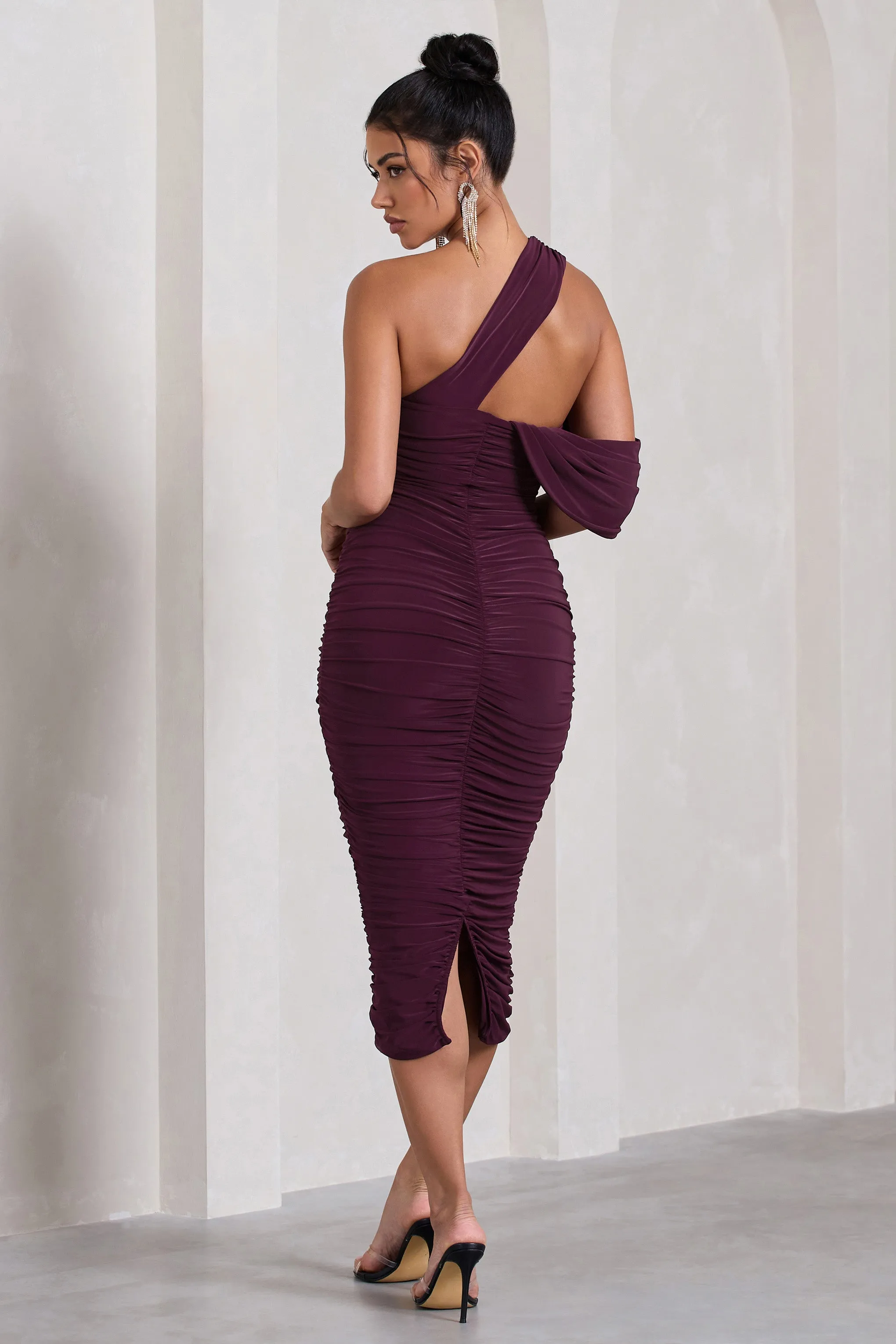 Cici | Plum Asymmetric One Shoulder Ruched Midi Dress