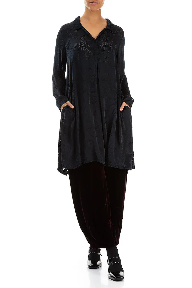 Collar Neck Midnight Blue Devoré Feather Silk Tunic