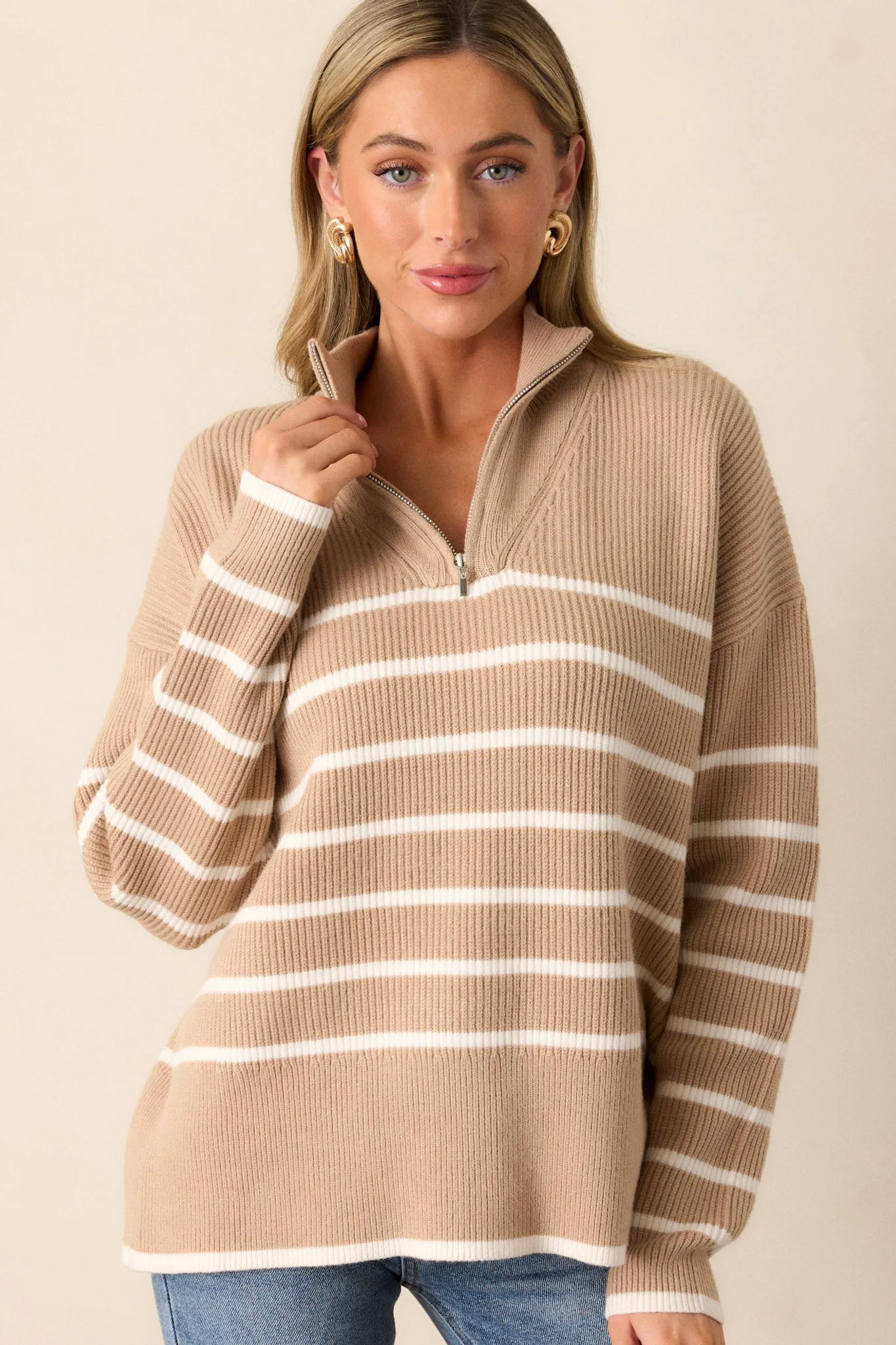 Comfort Cutie Khaki Stripe Quarter-Zip Sweater