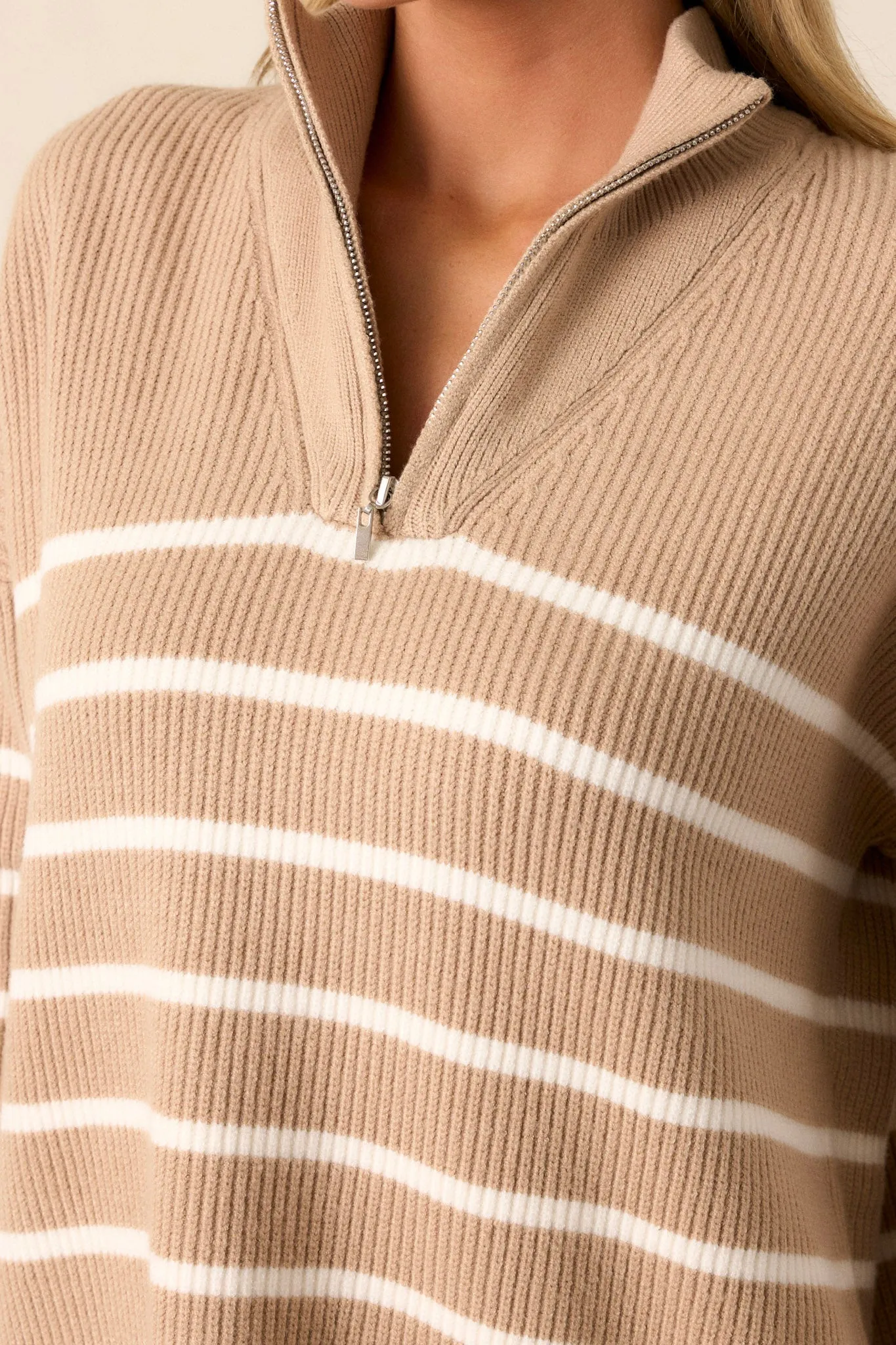 Comfort Cutie Khaki Stripe Quarter-Zip Sweater