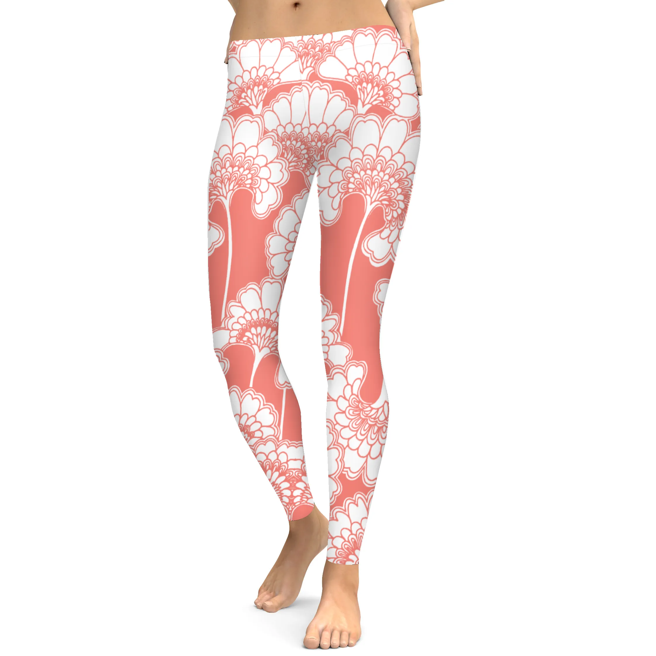 Coral Japanese Floral Leggings