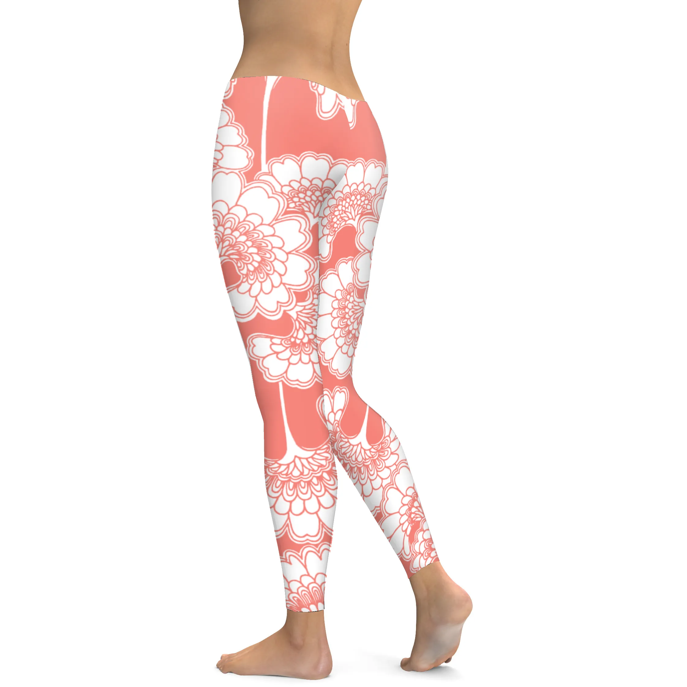 Coral Japanese Floral Leggings