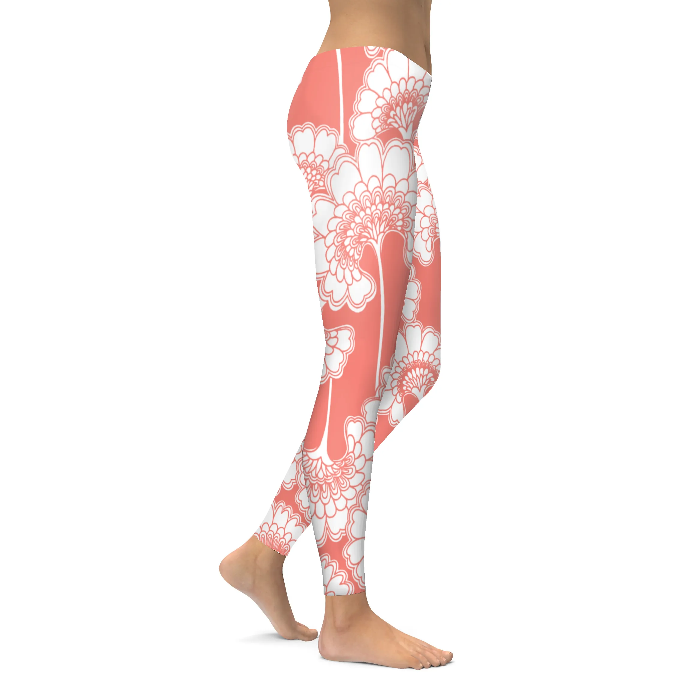 Coral Japanese Floral Leggings