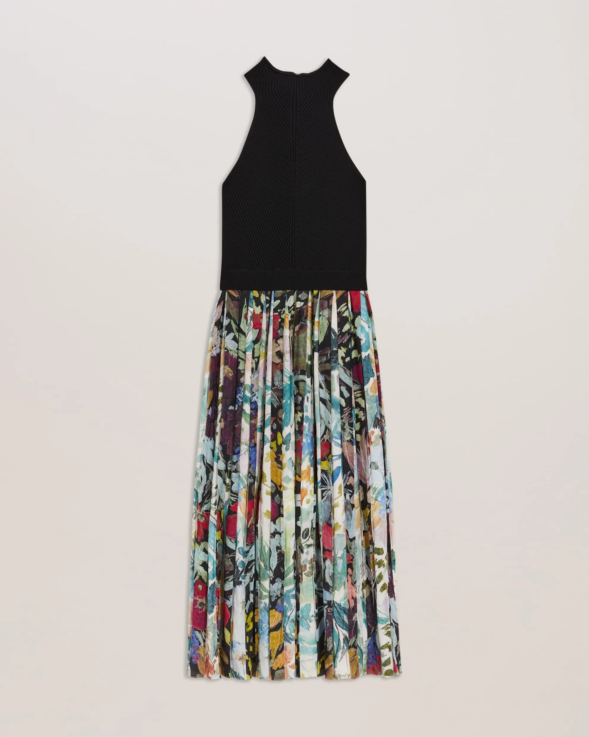 Corino Sleeveless Midi Dress With Floral Pleated Skirt Black