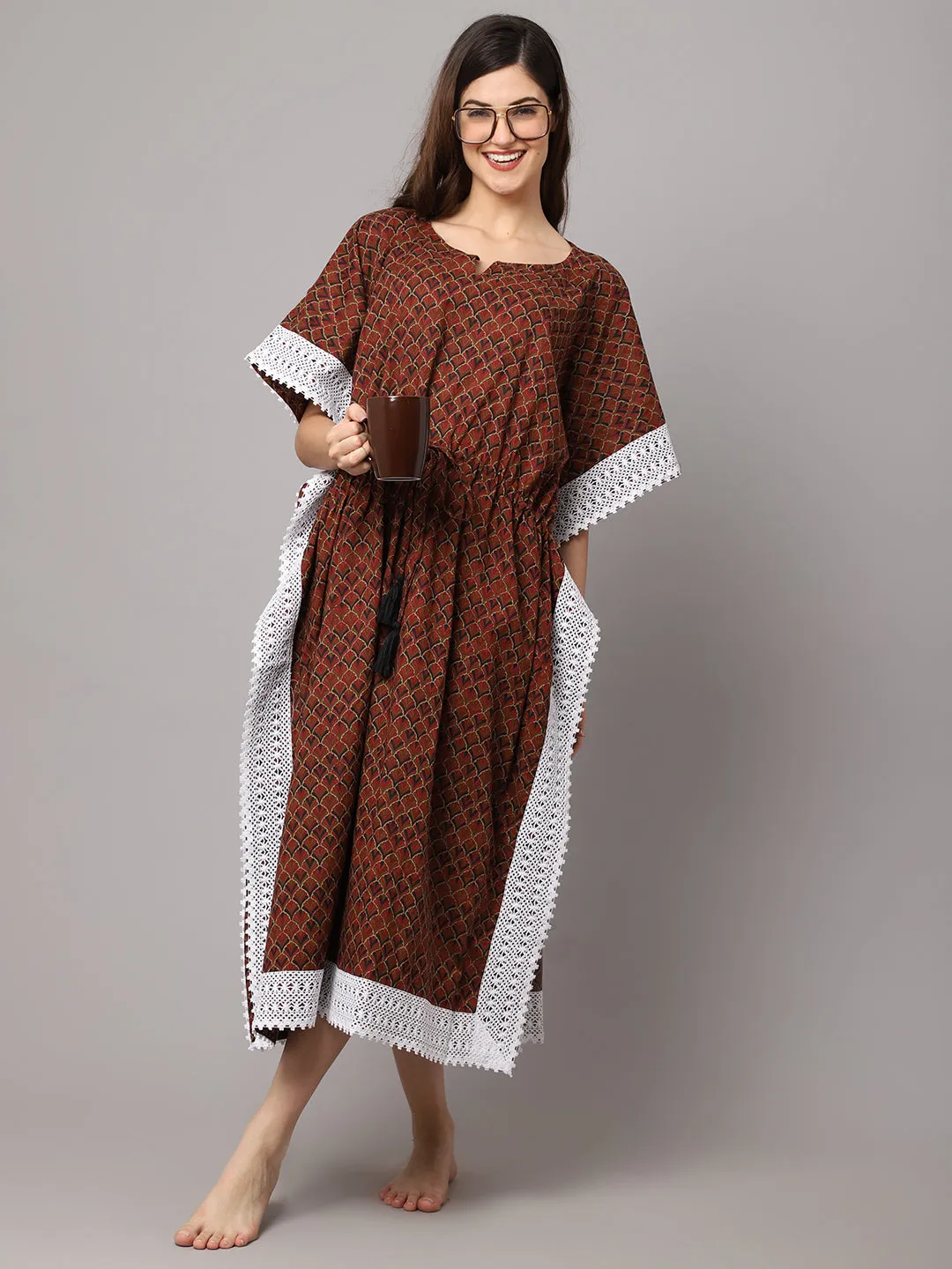 Cotton Foral Print Long Kaftan With Lace