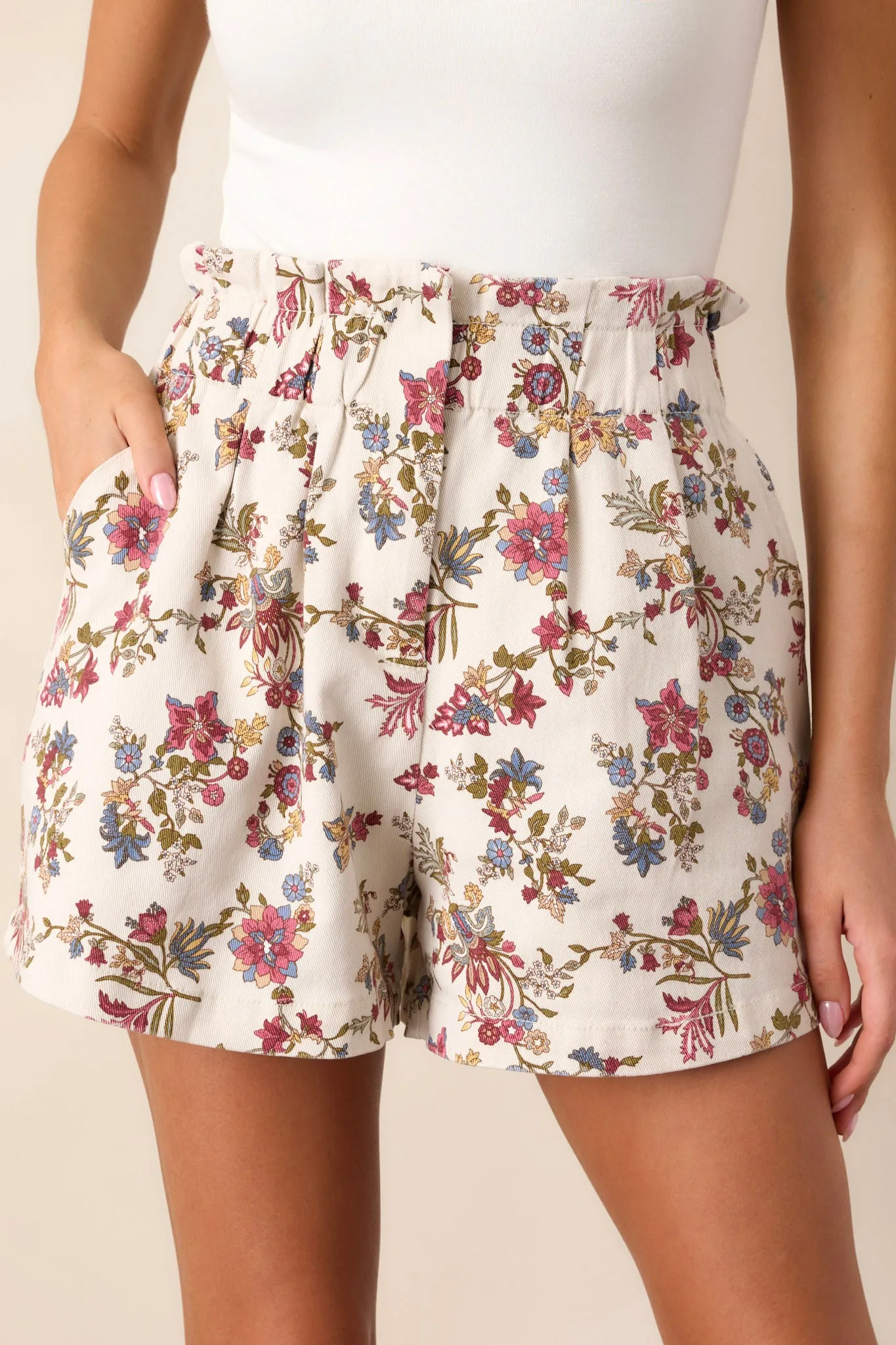 Cross My Mind Ivory Floral Paper Bag Denim Shorts