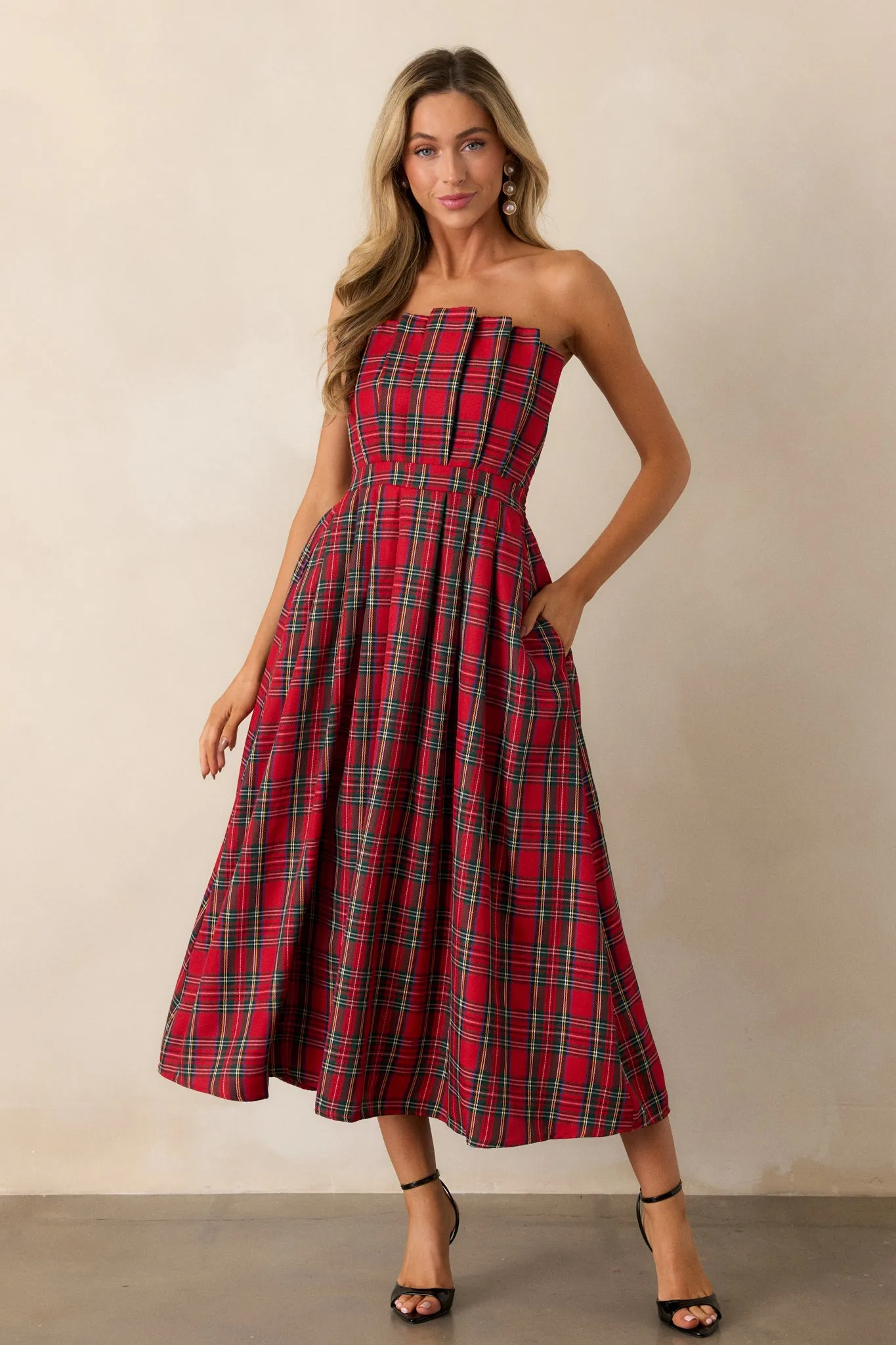 Red Plaid Strapless Midi Dress from Crystal Dreams - Enhanced Style and Versatility