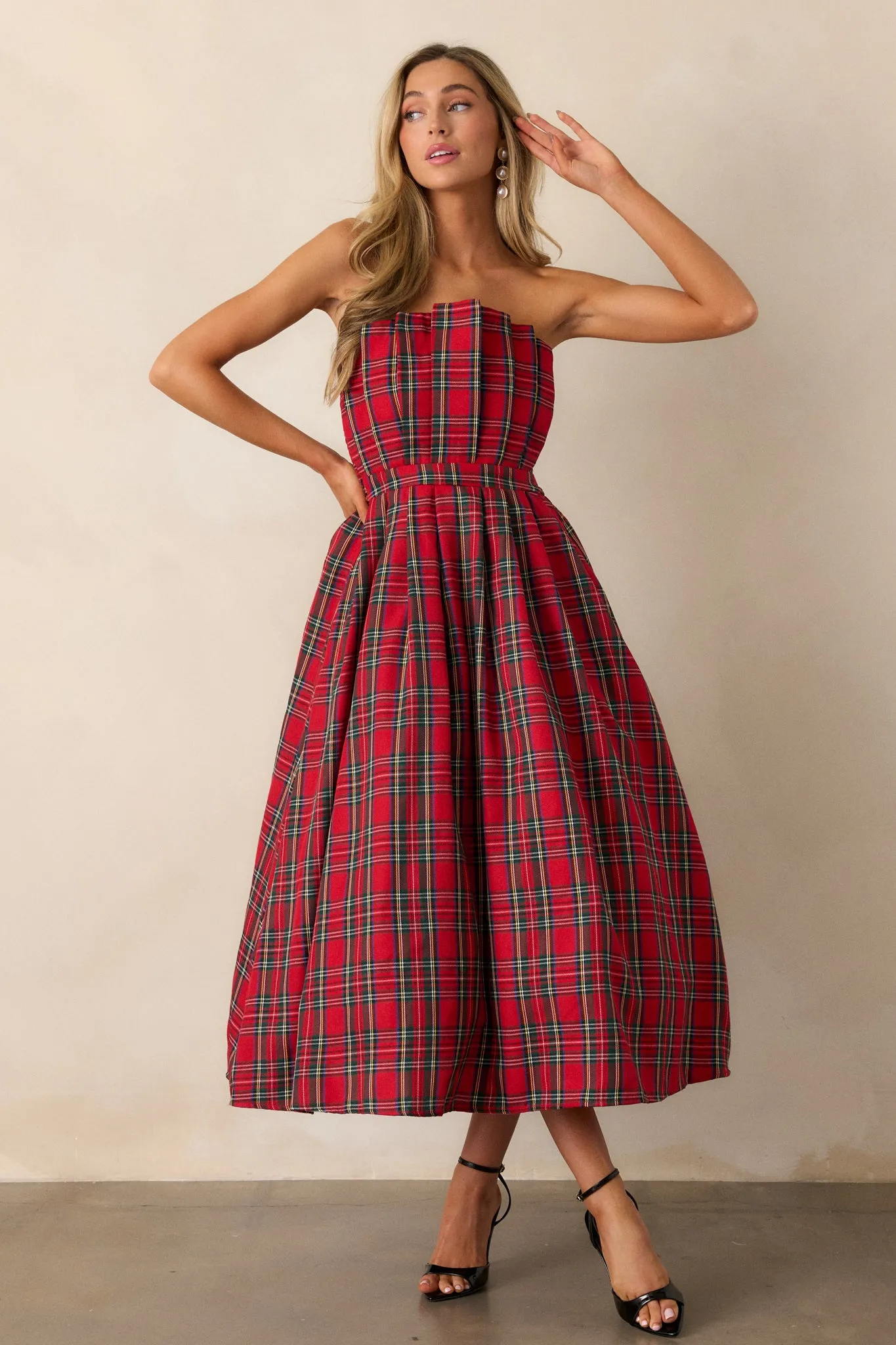 Red Plaid Strapless Midi Dress from Crystal Dreams - Enhanced Style and Versatility