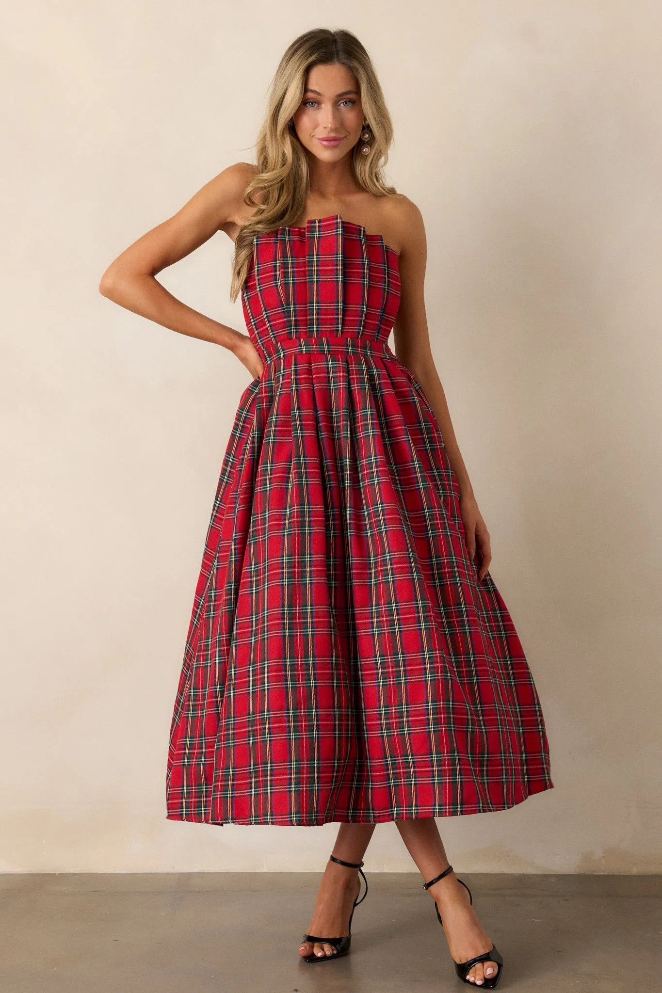 Red Plaid Strapless Midi Dress from Crystal Dreams - Enhanced Style and Versatility