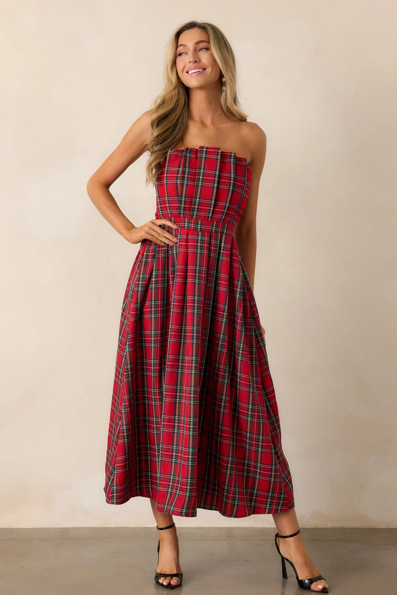 Red Plaid Strapless Midi Dress from Crystal Dreams - Enhanced Style and Versatility