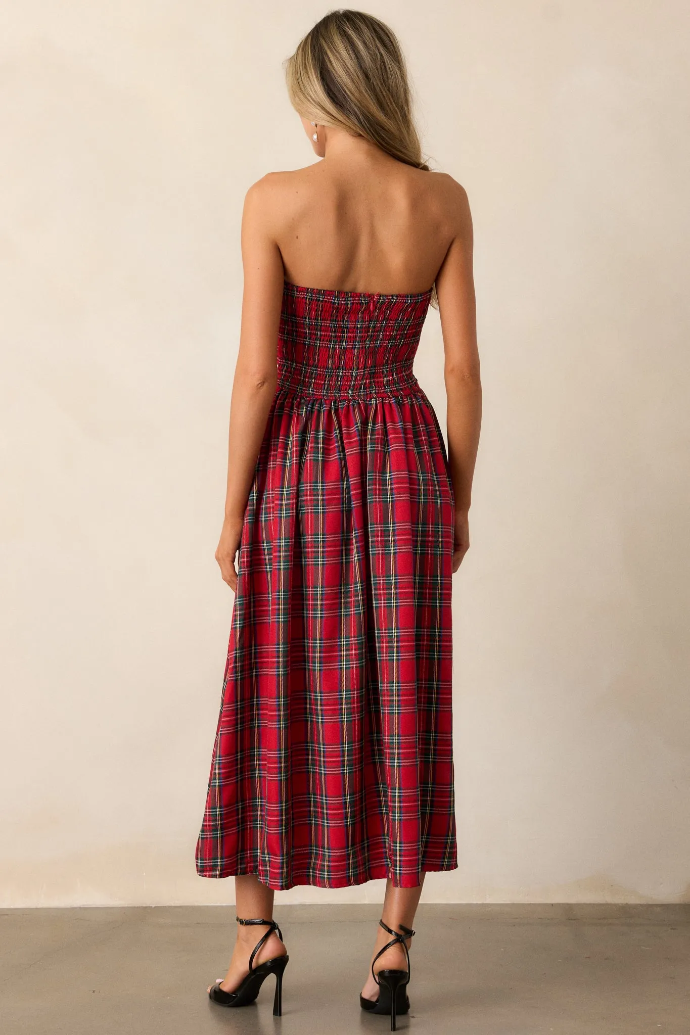 Red Plaid Strapless Midi Dress from Crystal Dreams - Enhanced Style and Versatility