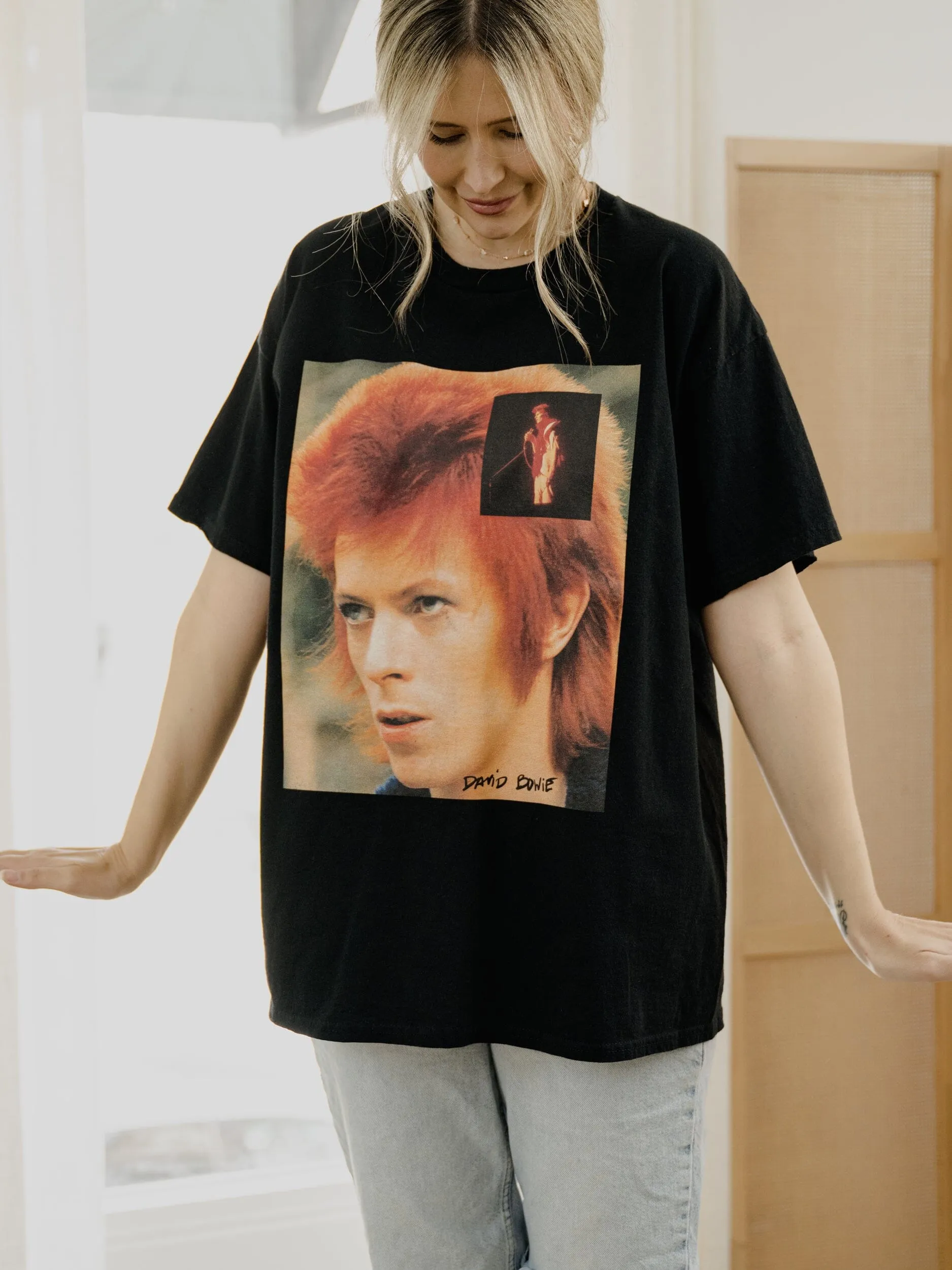 David Bowie Overlapping Pic Black Thrifted Distressed Tee