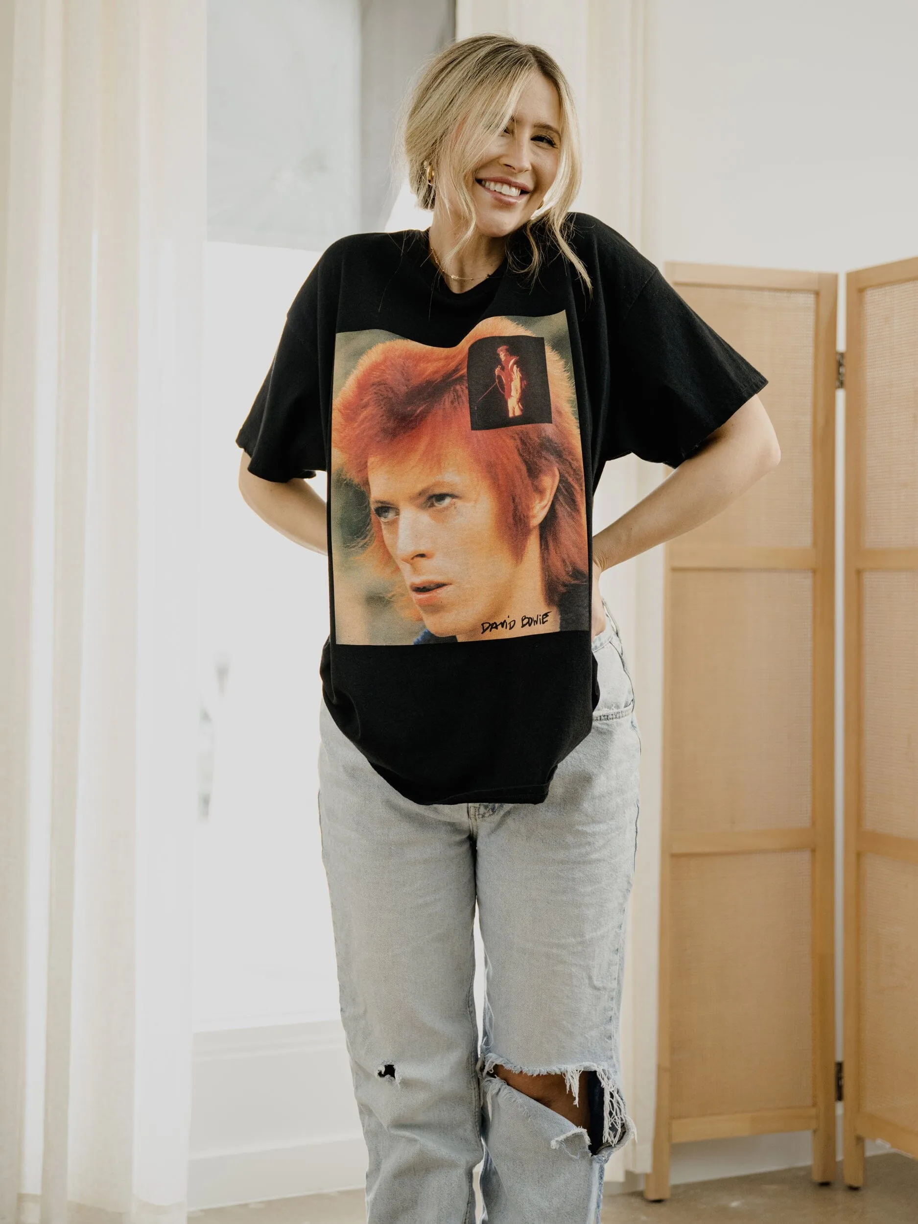 David Bowie Overlapping Pic Black Thrifted Distressed Tee