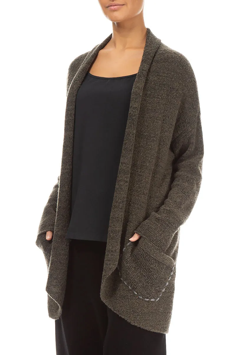 Decorated Pocket Open Khaki Wool Cardigan