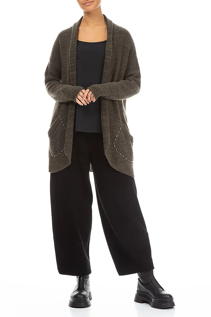 Decorated Pocket Open Khaki Wool Cardigan