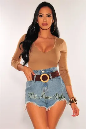 Denim Frayed Hem High Waist Paperbag Belted Shorts